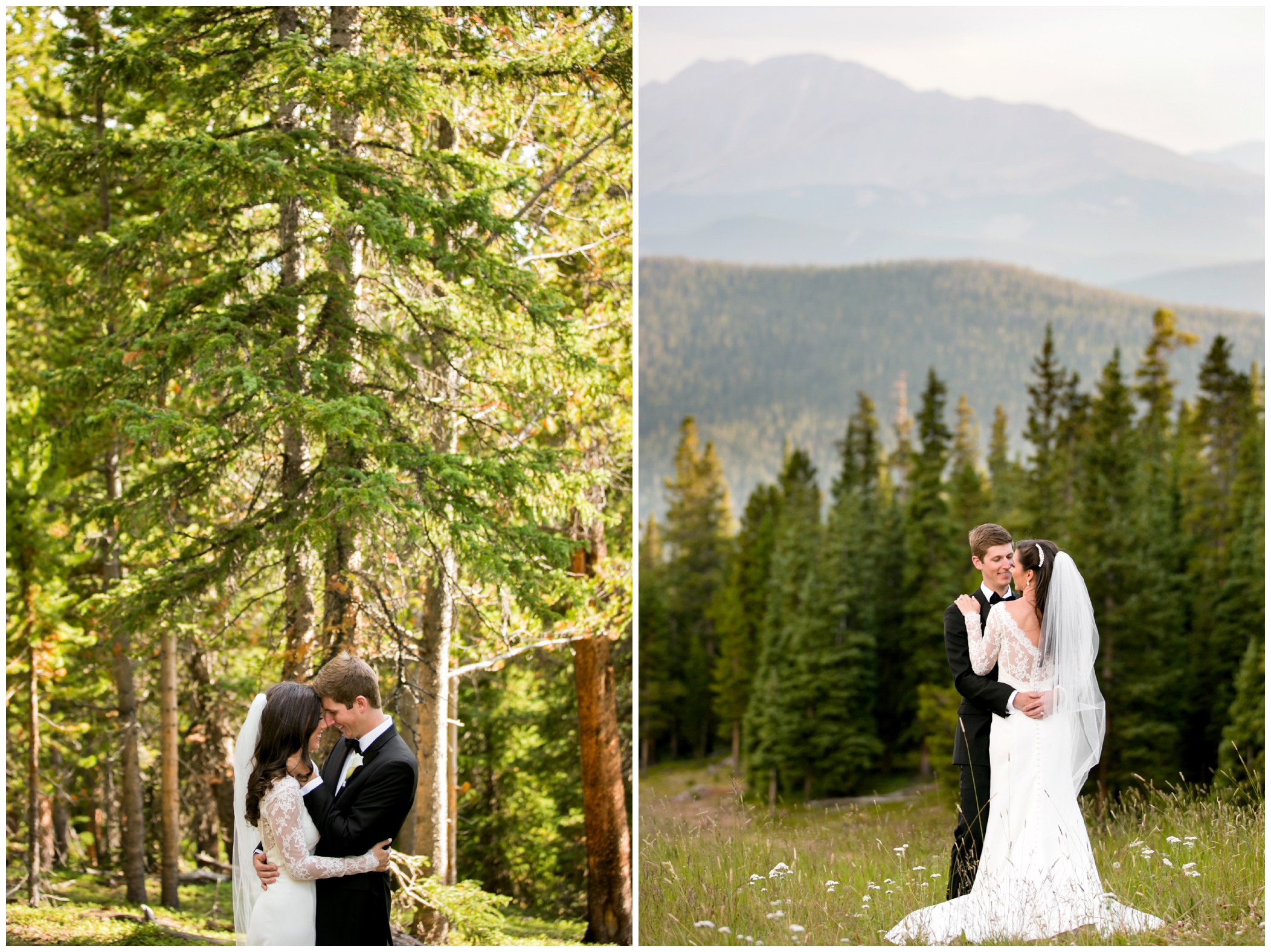 bride and groom posing in mountain forest at Keystone Colorado wedding 