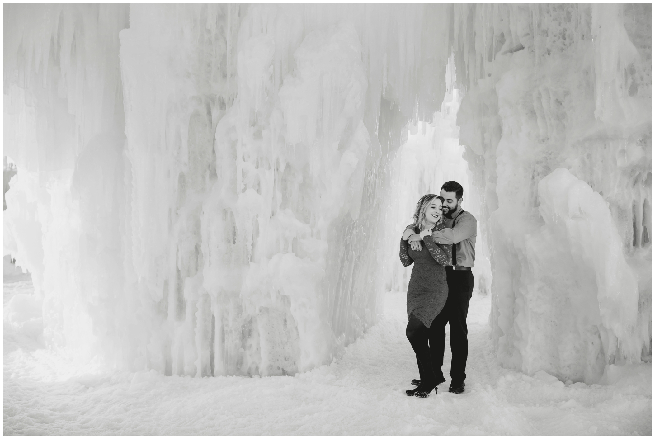 black and white photo at Colorado Ice Castles during Breckenridge engagement pictures 