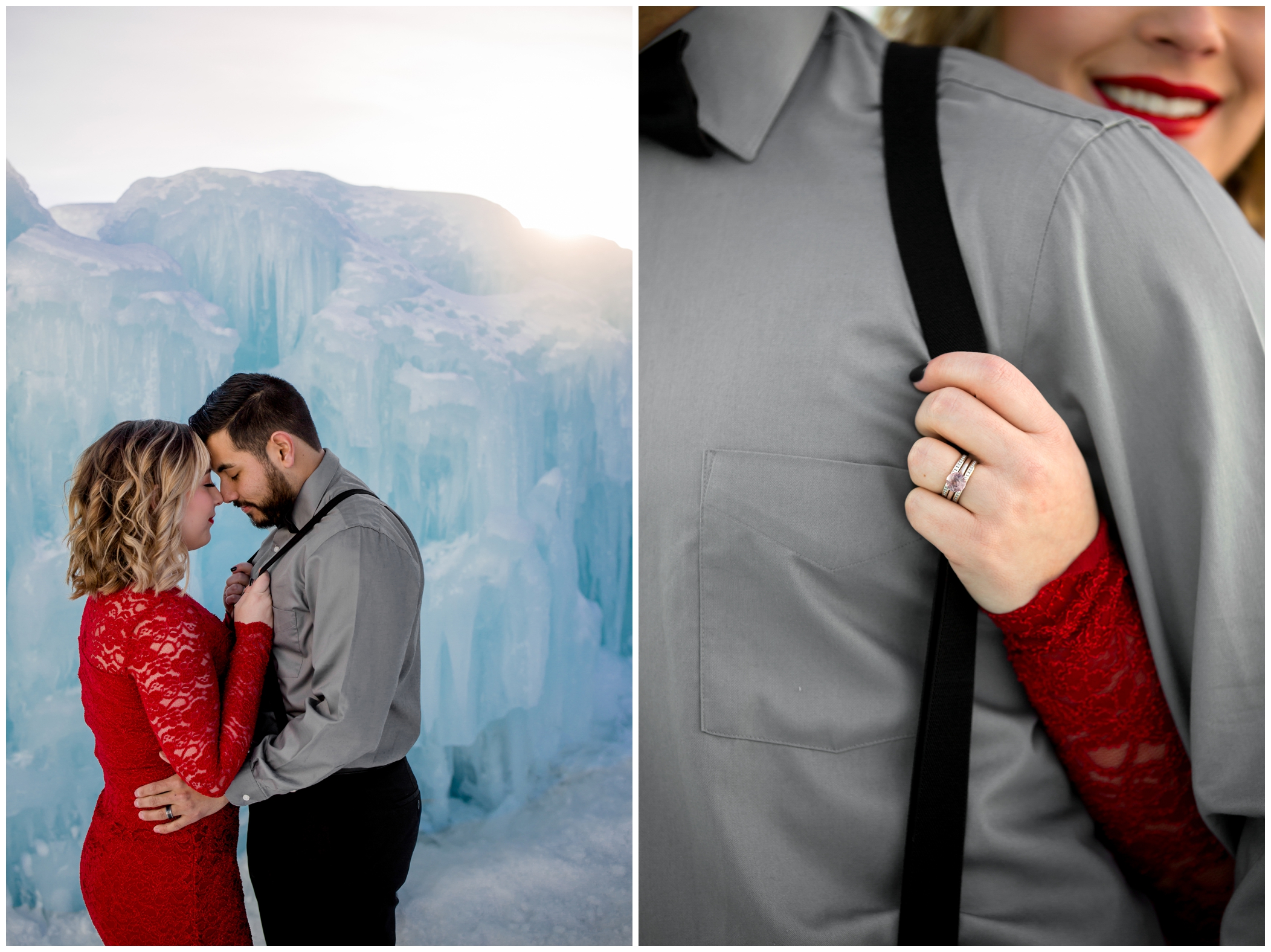 couple in dressy clothing at the Colorado Ice Castles during winter engagement portraits 