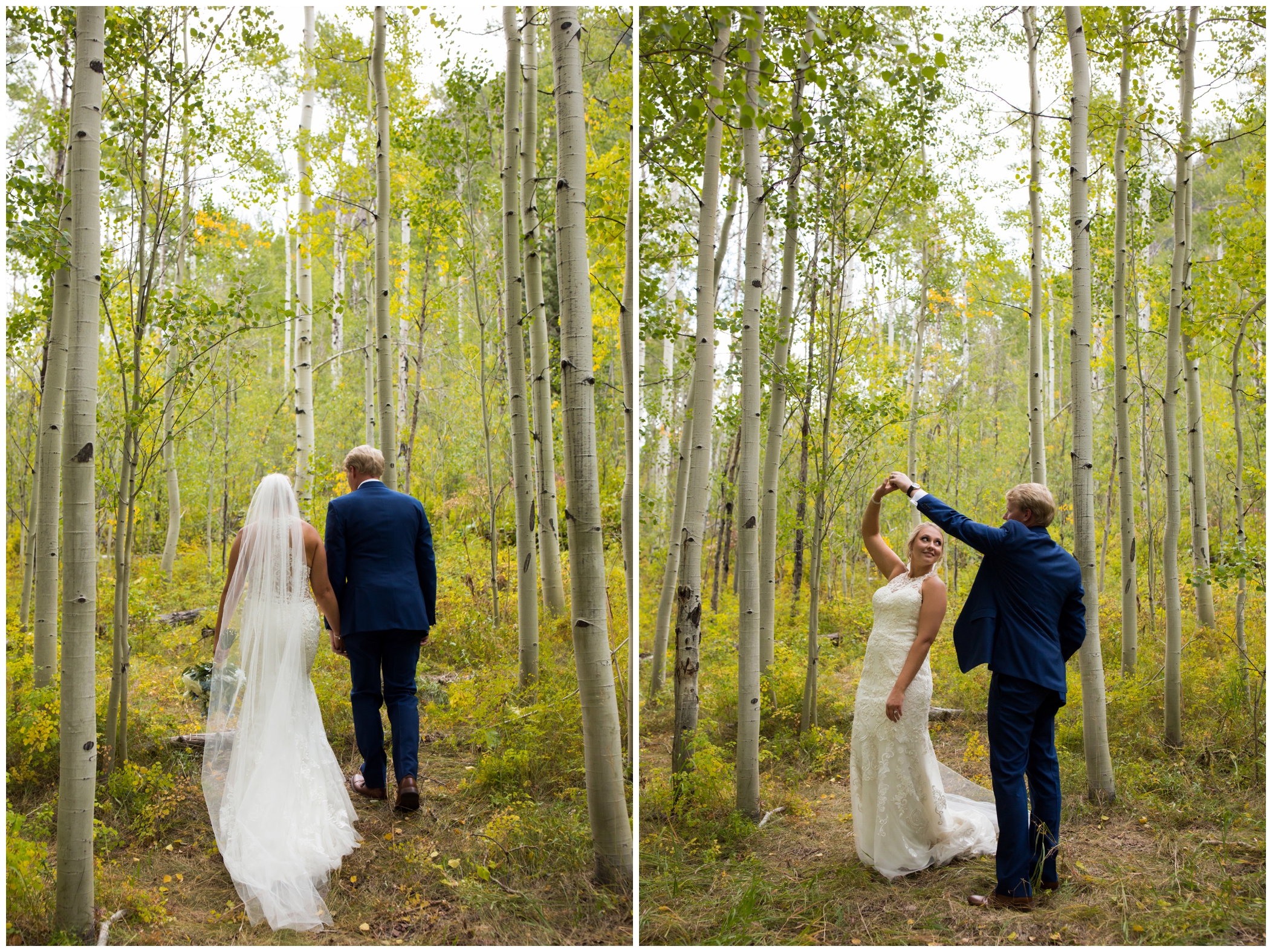 wedding couple dancing in the aspen trees during Vail Colorado wedding photos
