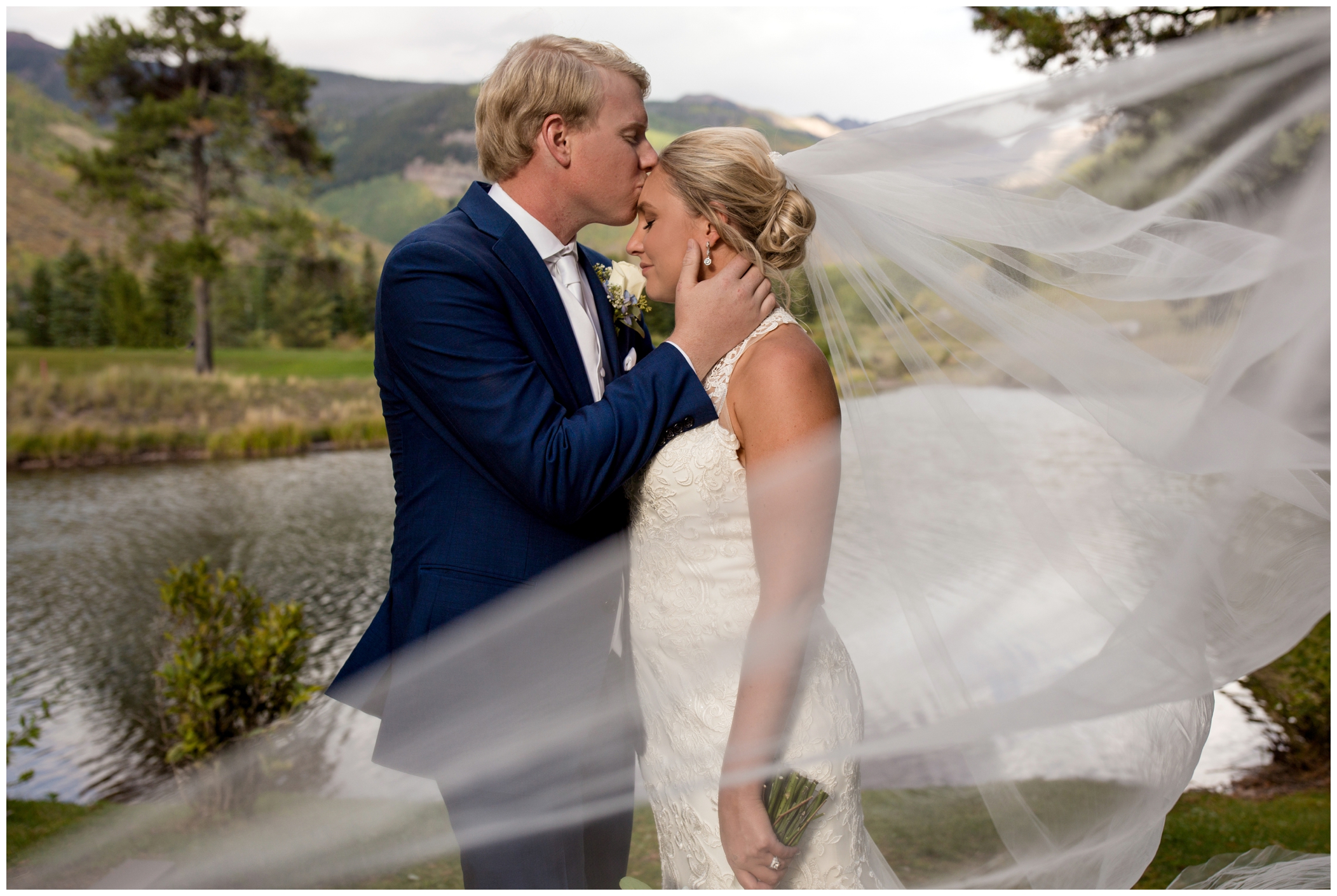 Late summer Vail Golf Club Wedding photos by Colorado photographer Plum Pretty Photography with blue and white details