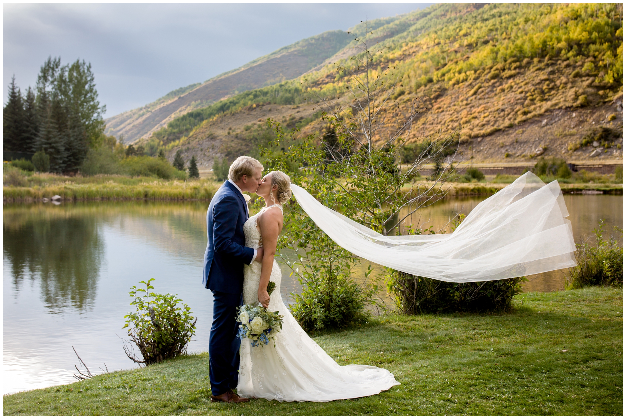 Vail wedding island photos with bride's veil floating 