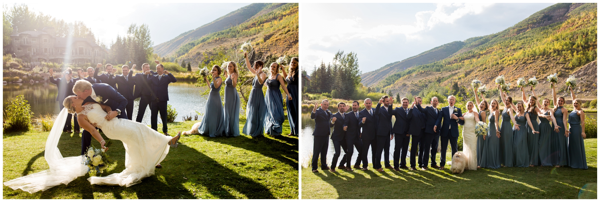 bridal party in multiple shades of blue posing by lake 