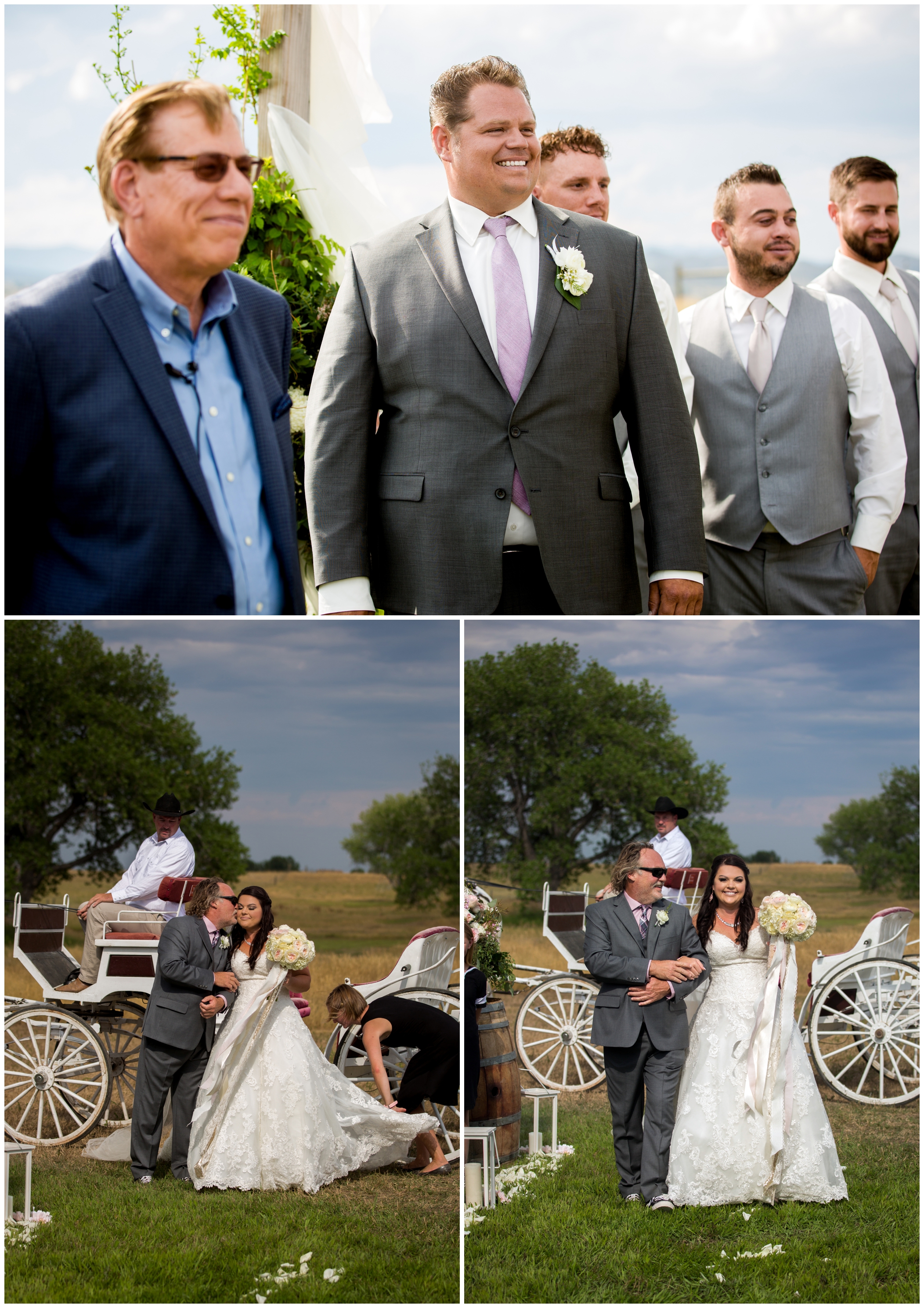bride on horse drawn carriage at Berthoud Colorado wedding