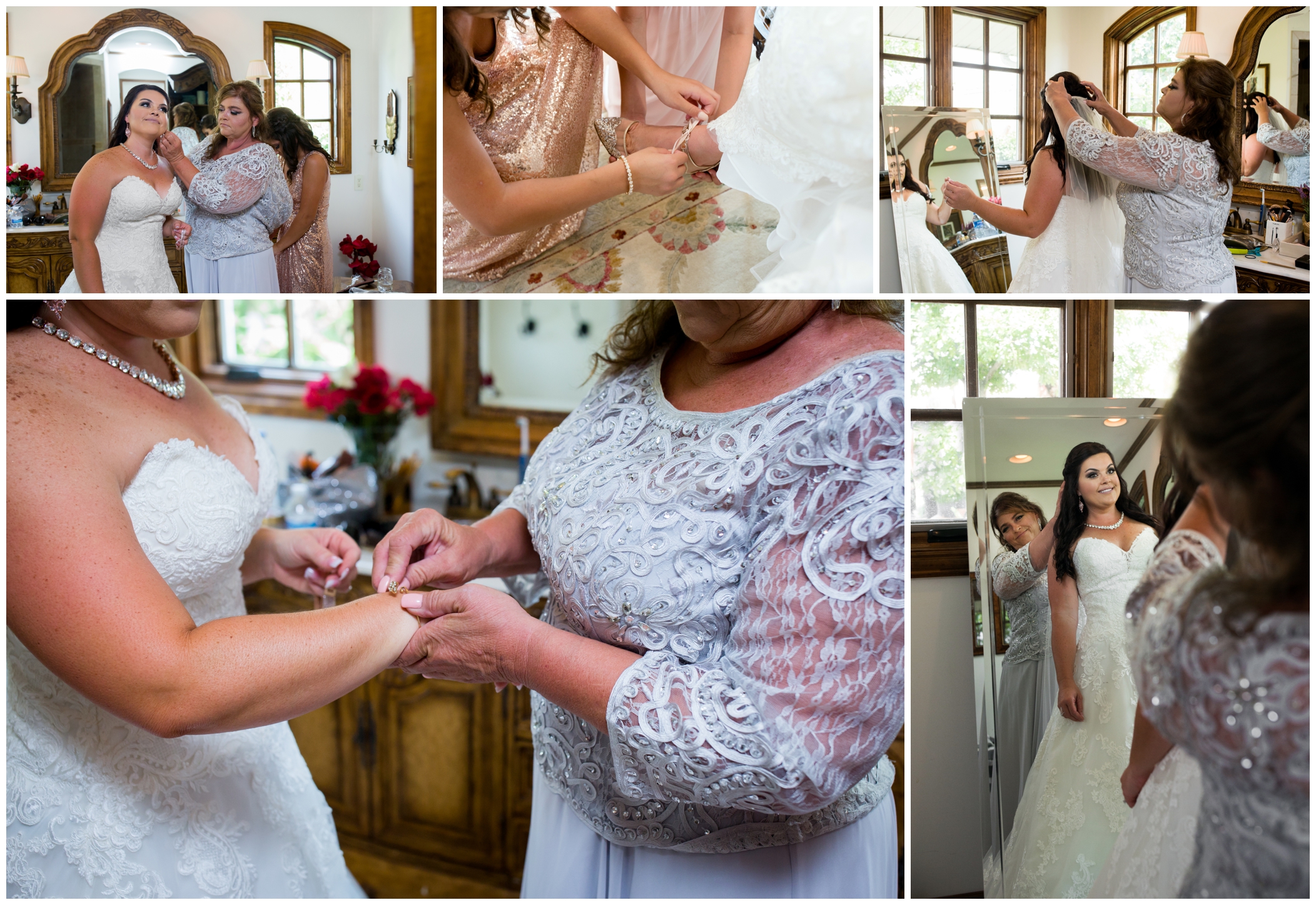 bride's mom putting veil on daughter at Colorado summer wedding
