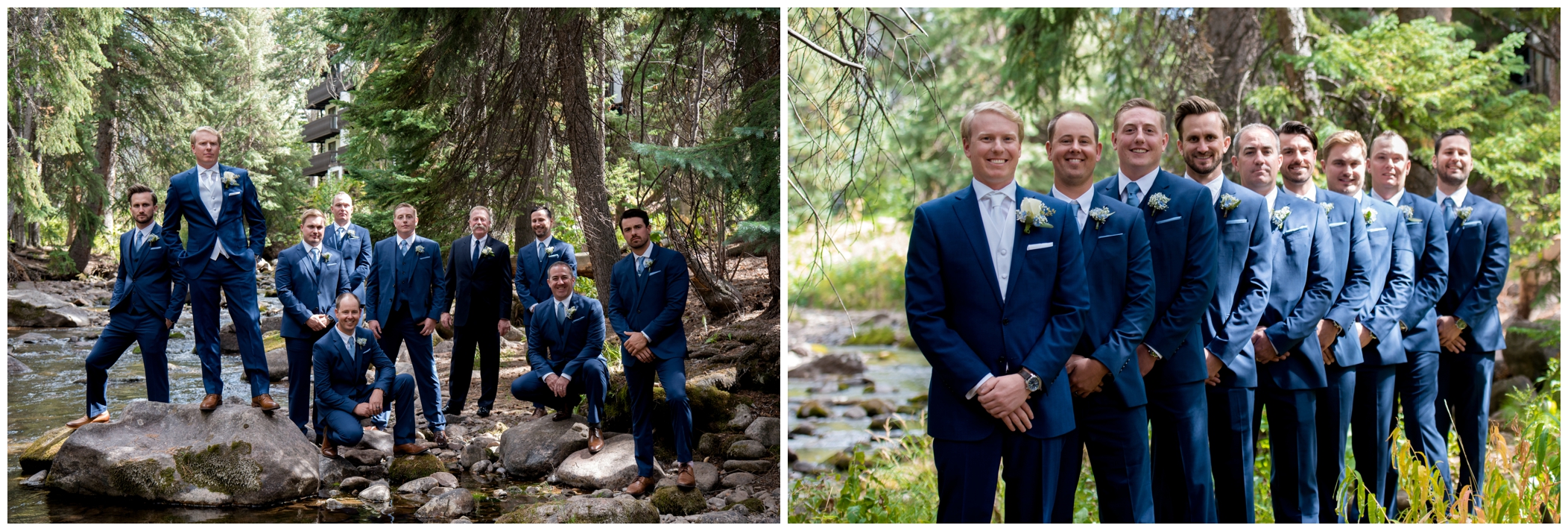 Colorado groom in navy blue suit posing in forest