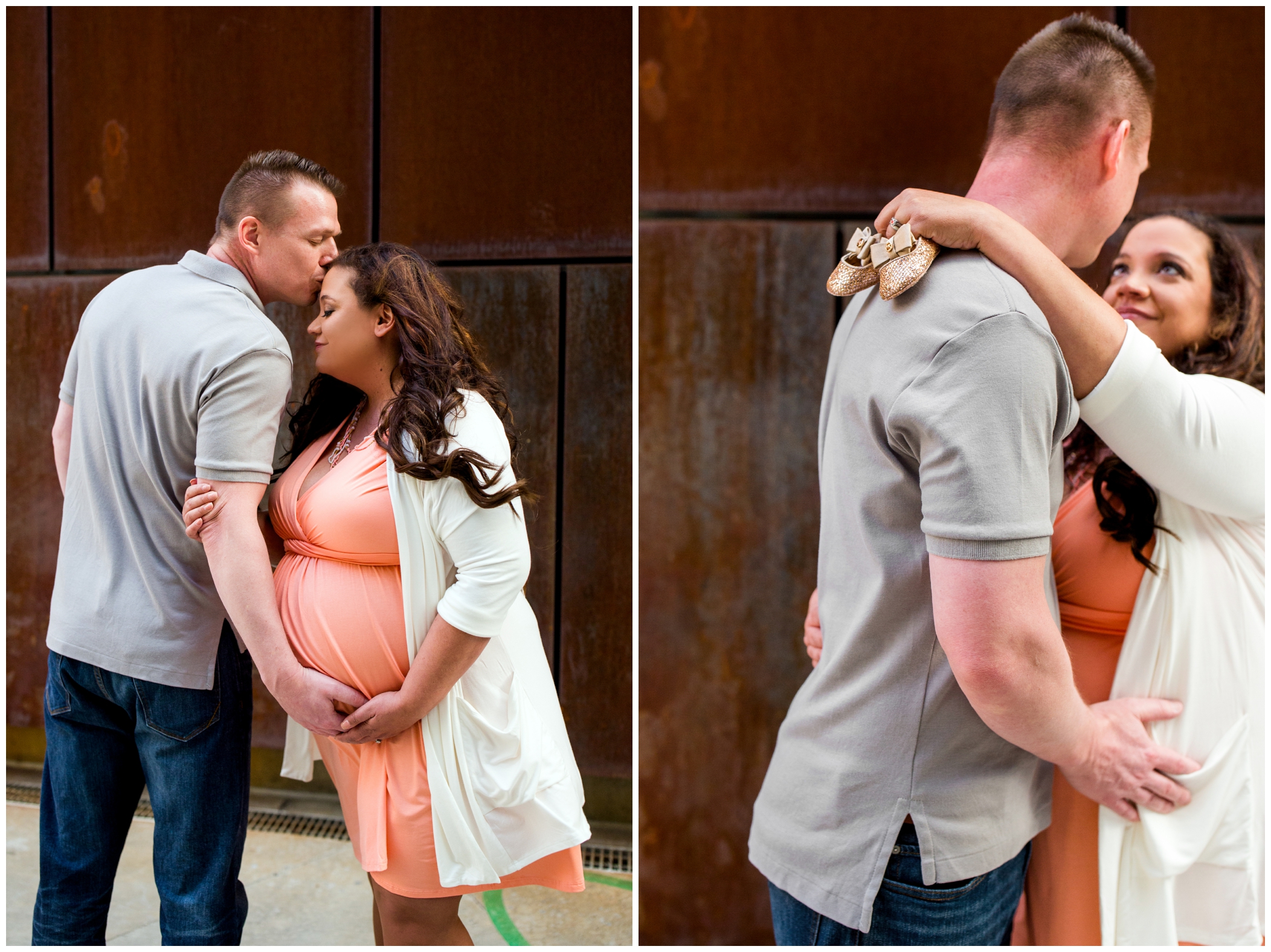 couple showing off sparkly baby shoes during Denver Colorado maternity pictures