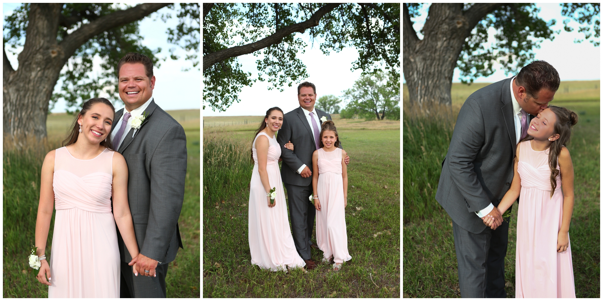 groom and his daughters posing in a field at Berthoud CO wedding 