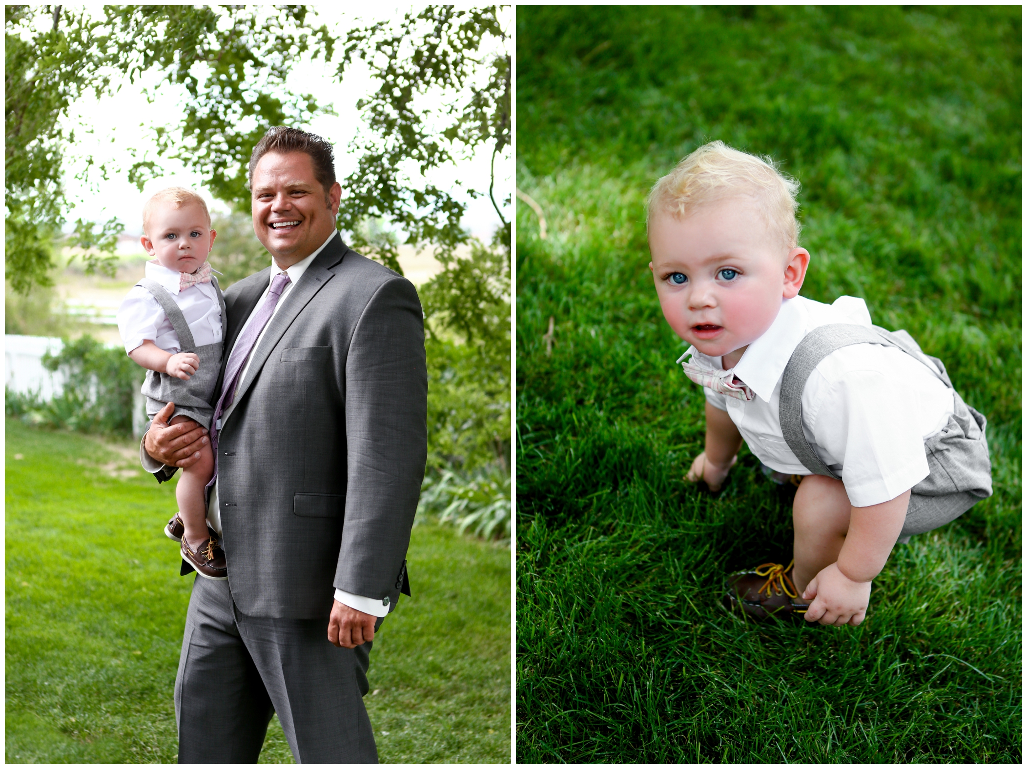 groom holding ring bearer at Berthoud Colorado outdoor wedding
