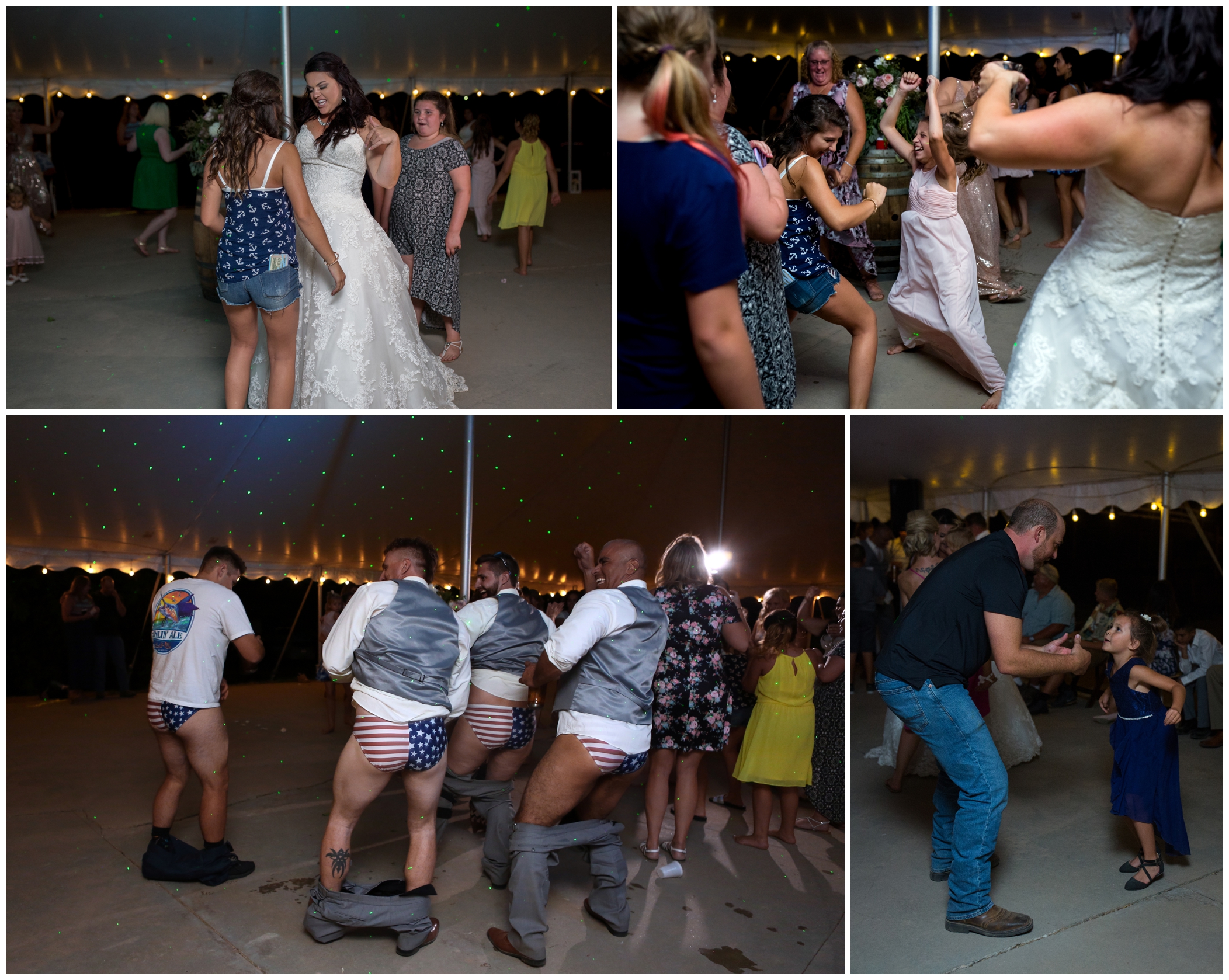 groomsmen in american flag underwear at Colorado wedding reception