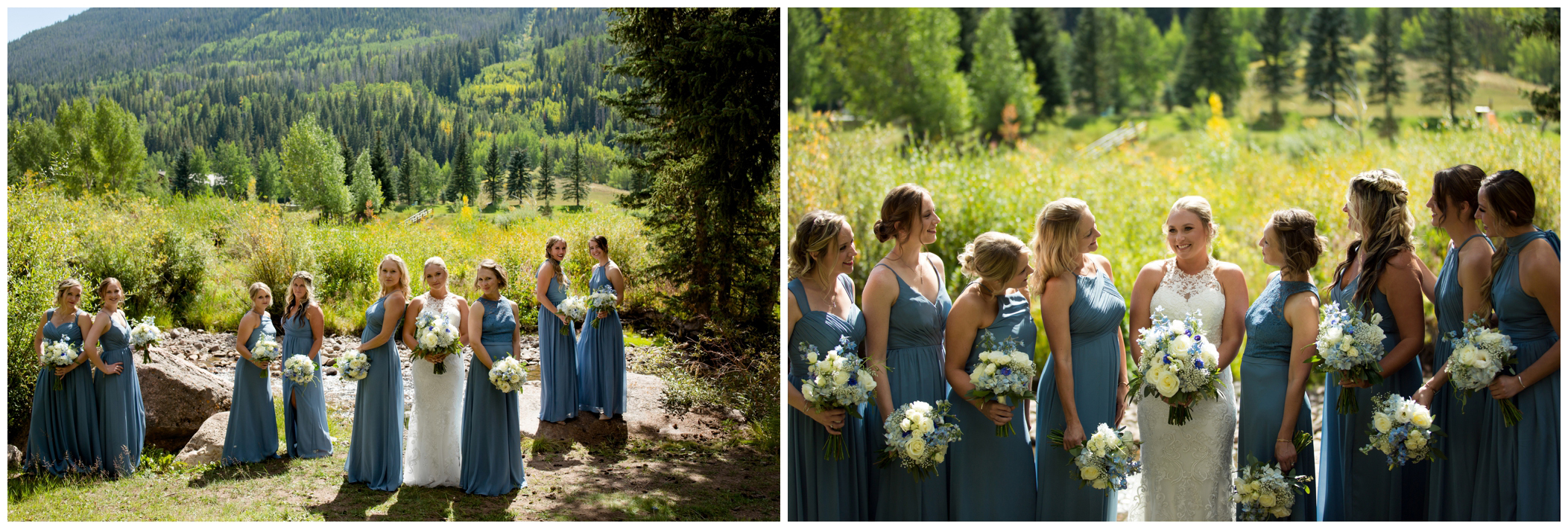 long blue bridesmaids dresses at Vail Colorado wedding