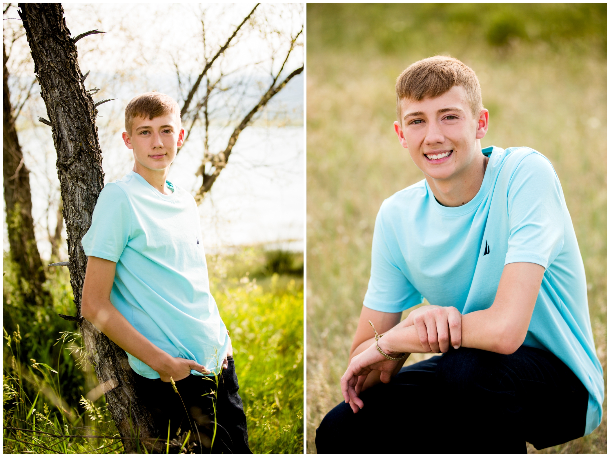 teen boy leaning against a tree at Longmont Colorado senior photos 