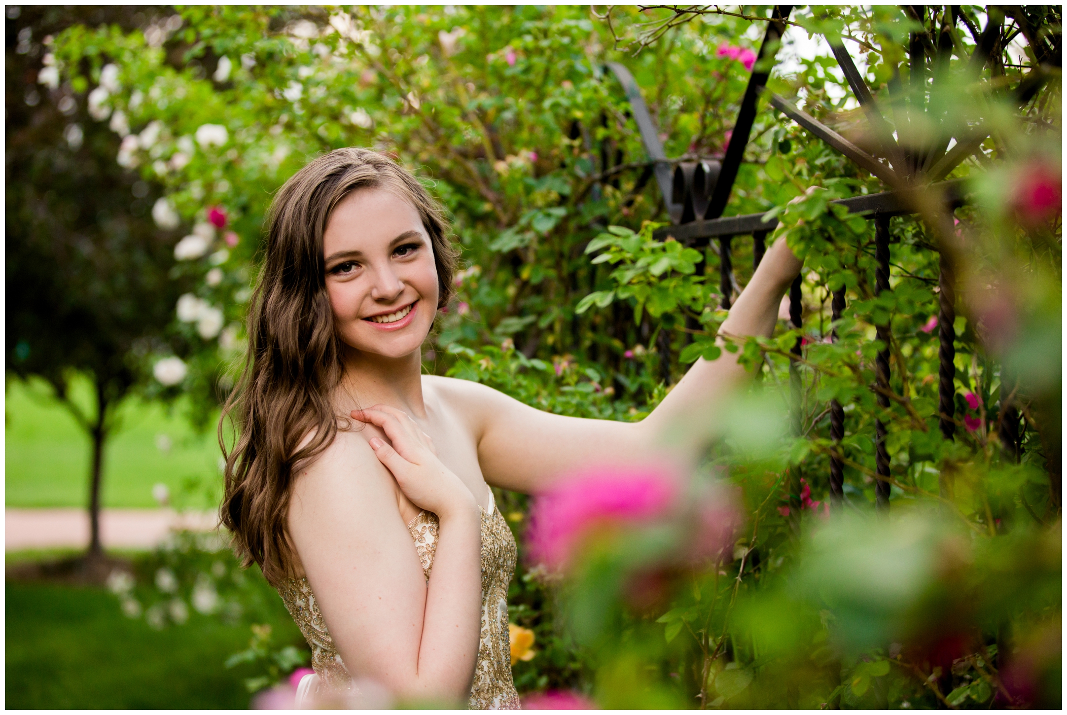 Silver Creek senior pictures in a rose garden by Longmont Colorado portrait photographer Plum Pretty Photography