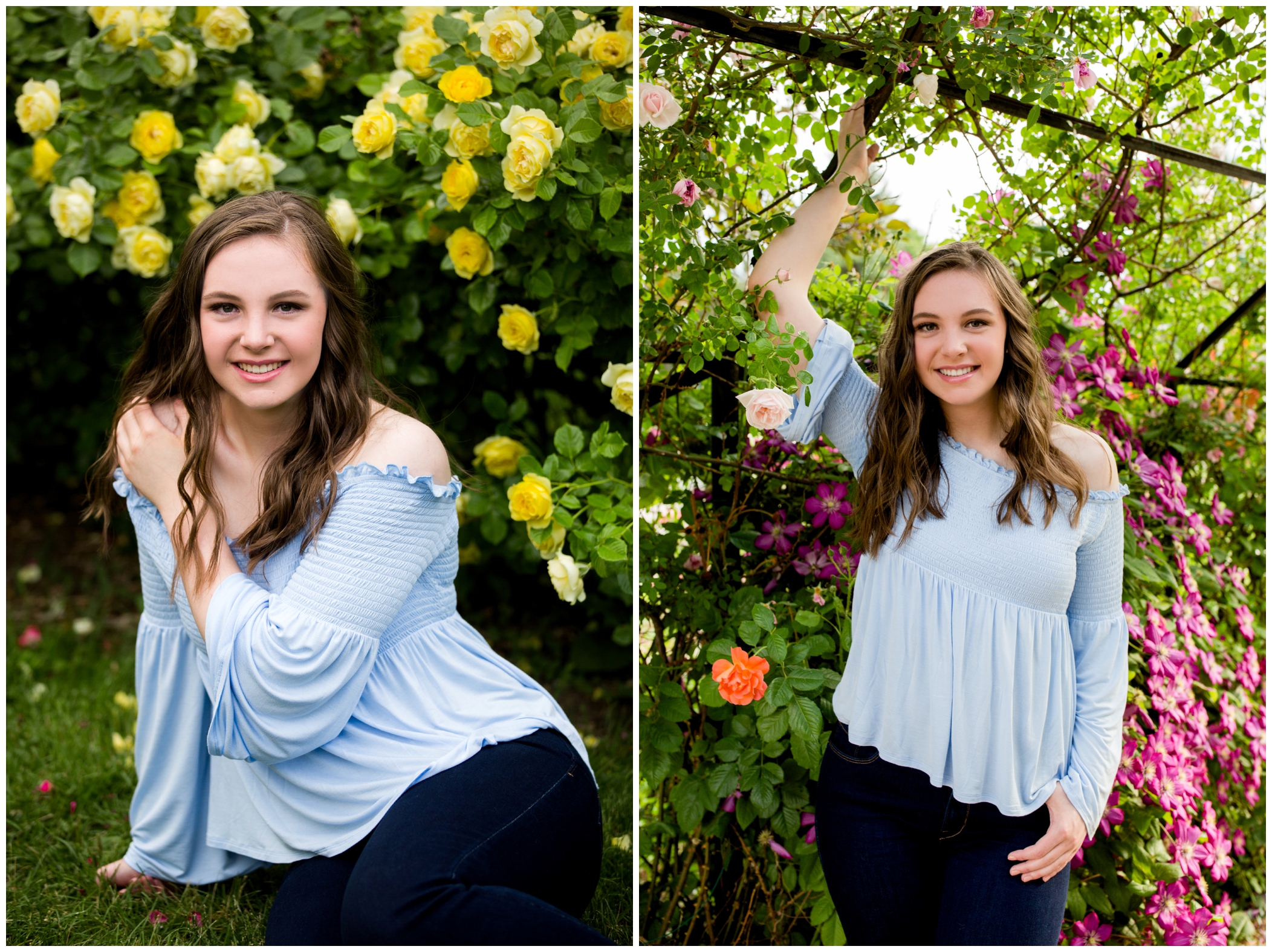 teen girl posing in rose garden for high school portraits by Longmont senior photographer Plum Pretty Photo 