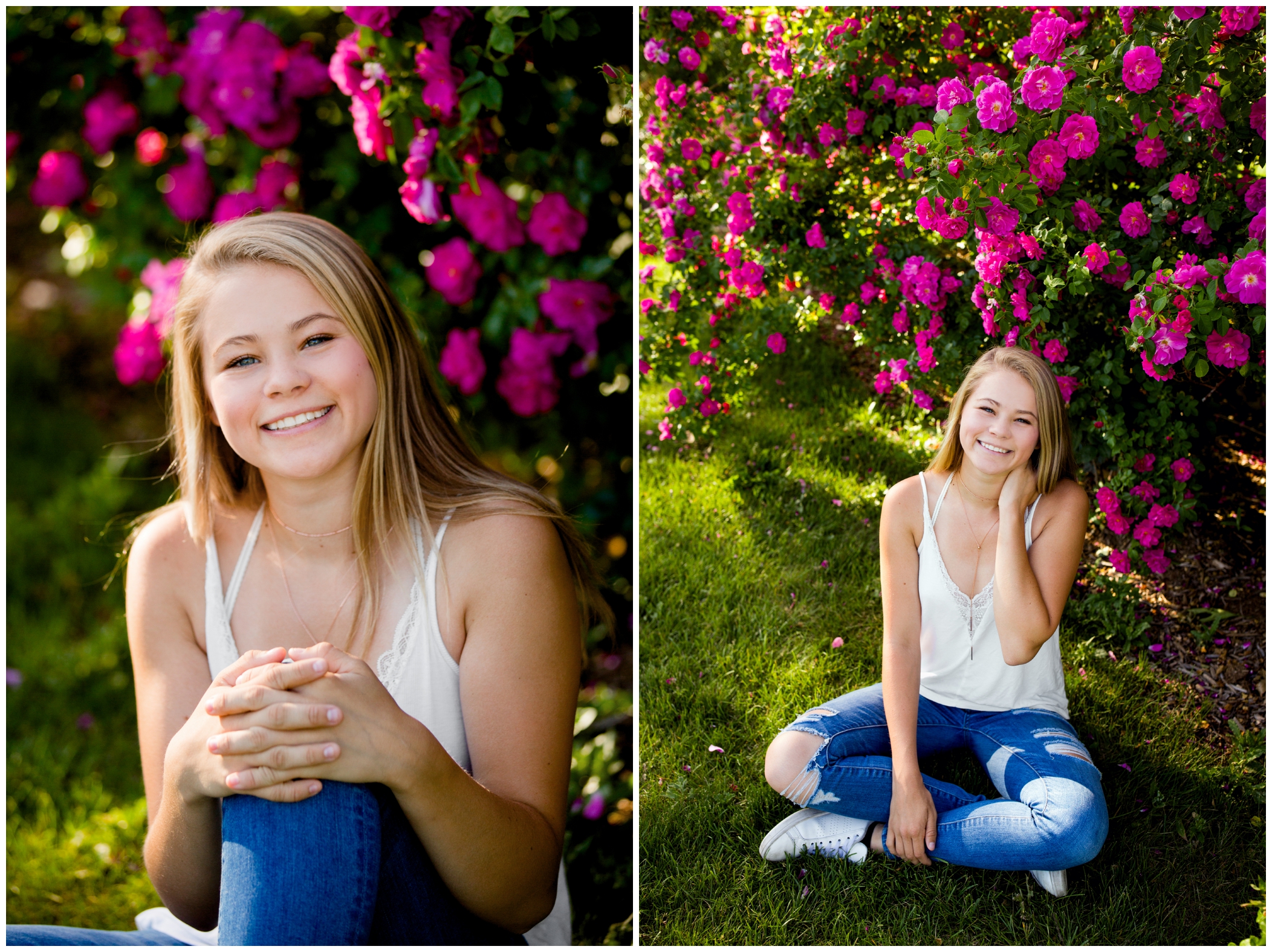 high school girl sitting in grass with roses in the background of niwot colorado senior photos 