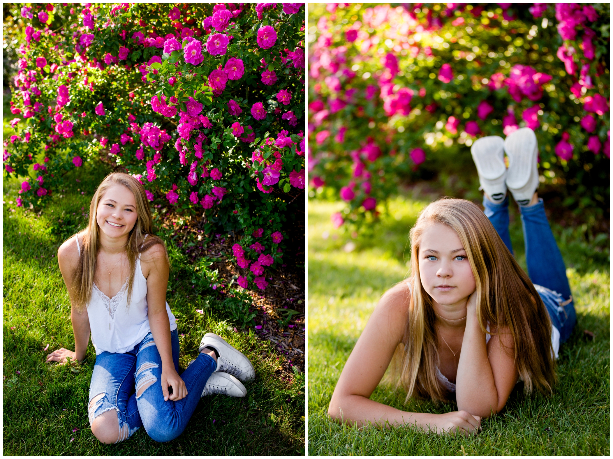 girl laying in the grass at her Niwot high school senior portraits 