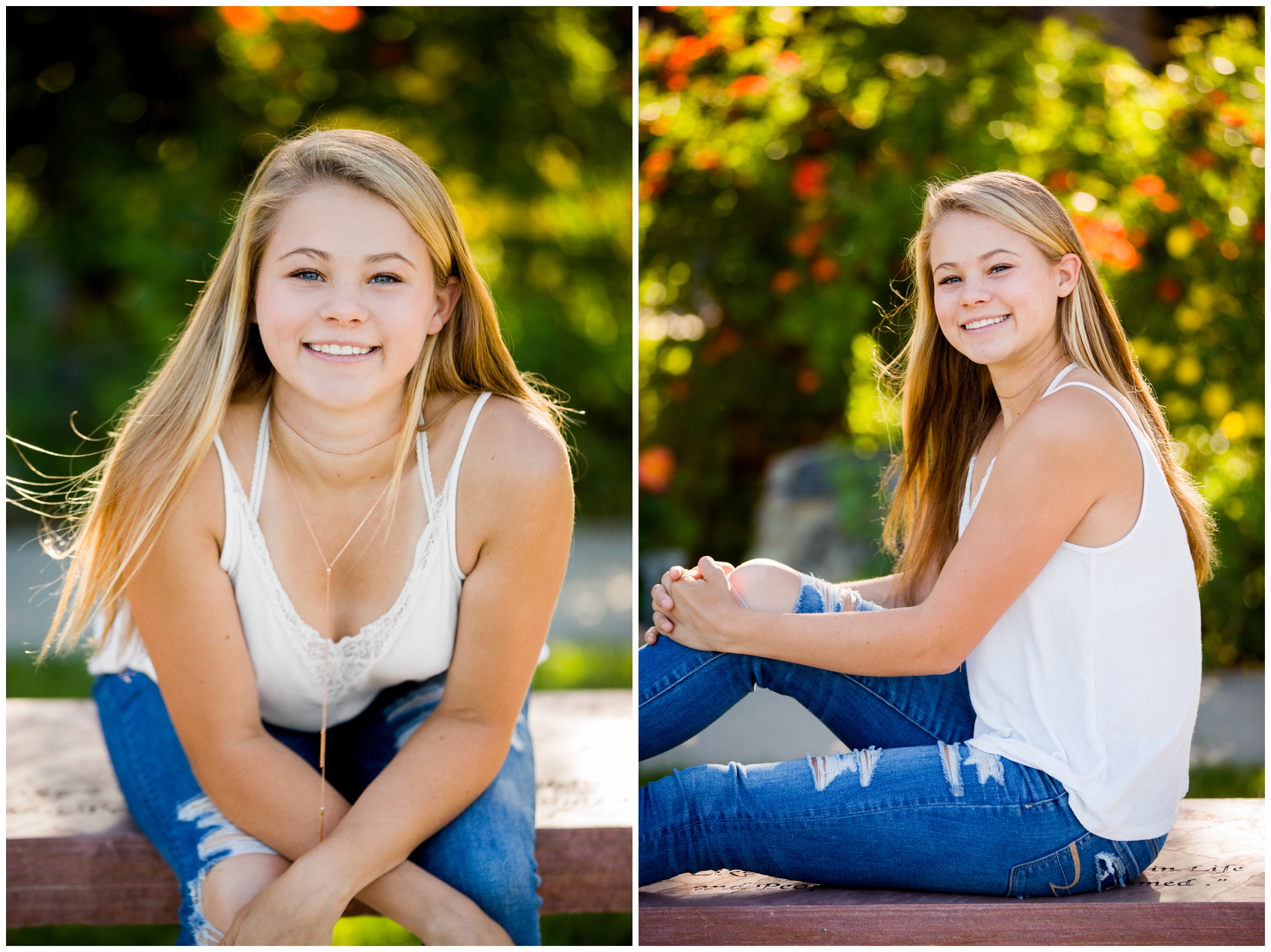 high school student posing on a bench during niwot colorado senior pictures 