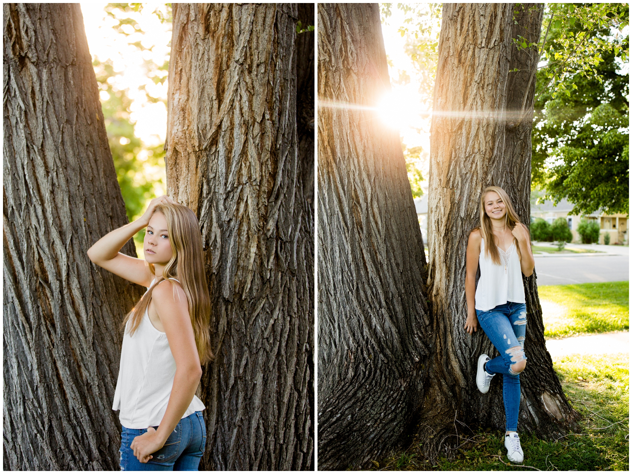 girl leaning against a tree during her niwot senior photography session