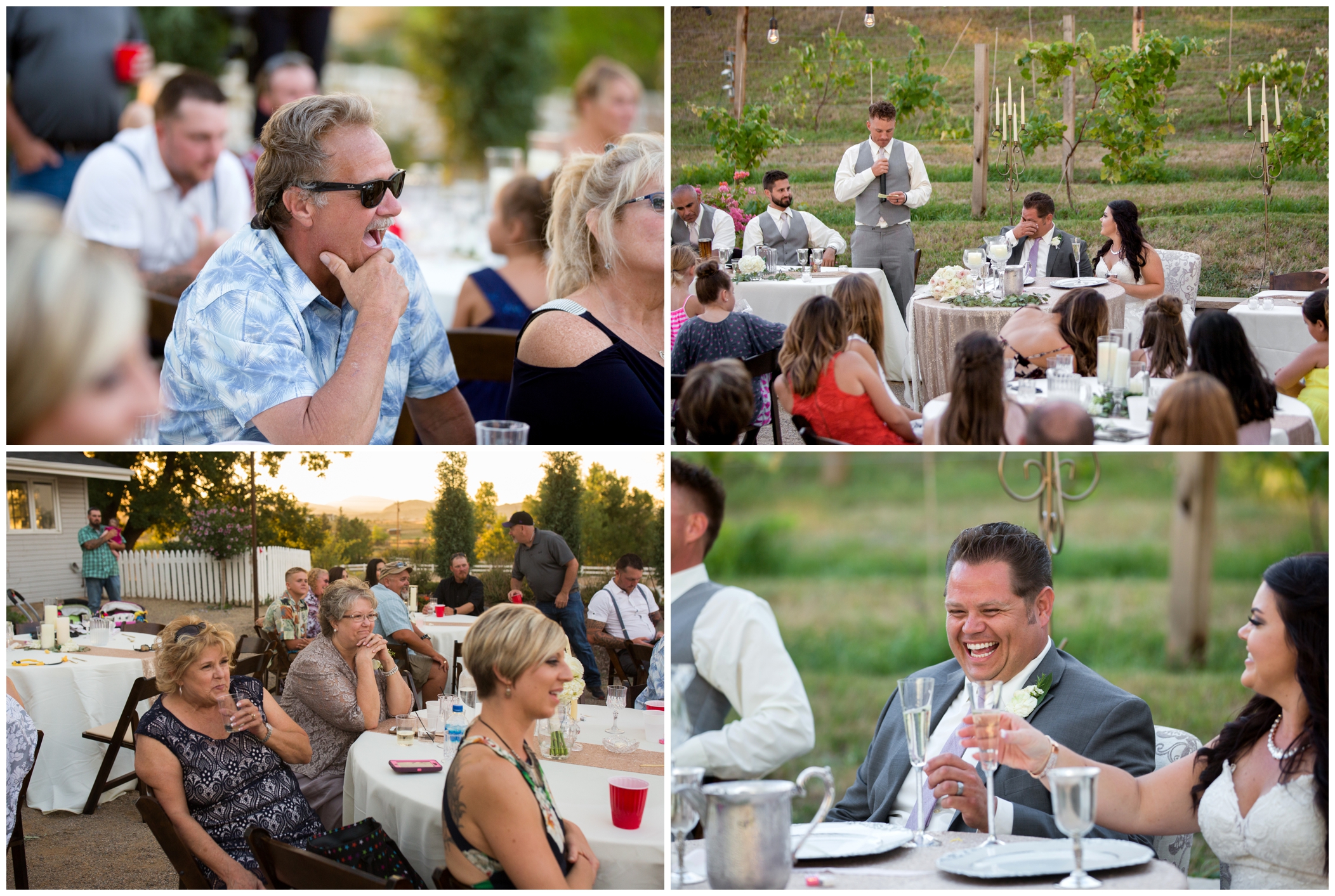 groom laughing during toasts at Stonewall Farms outdoor reception 