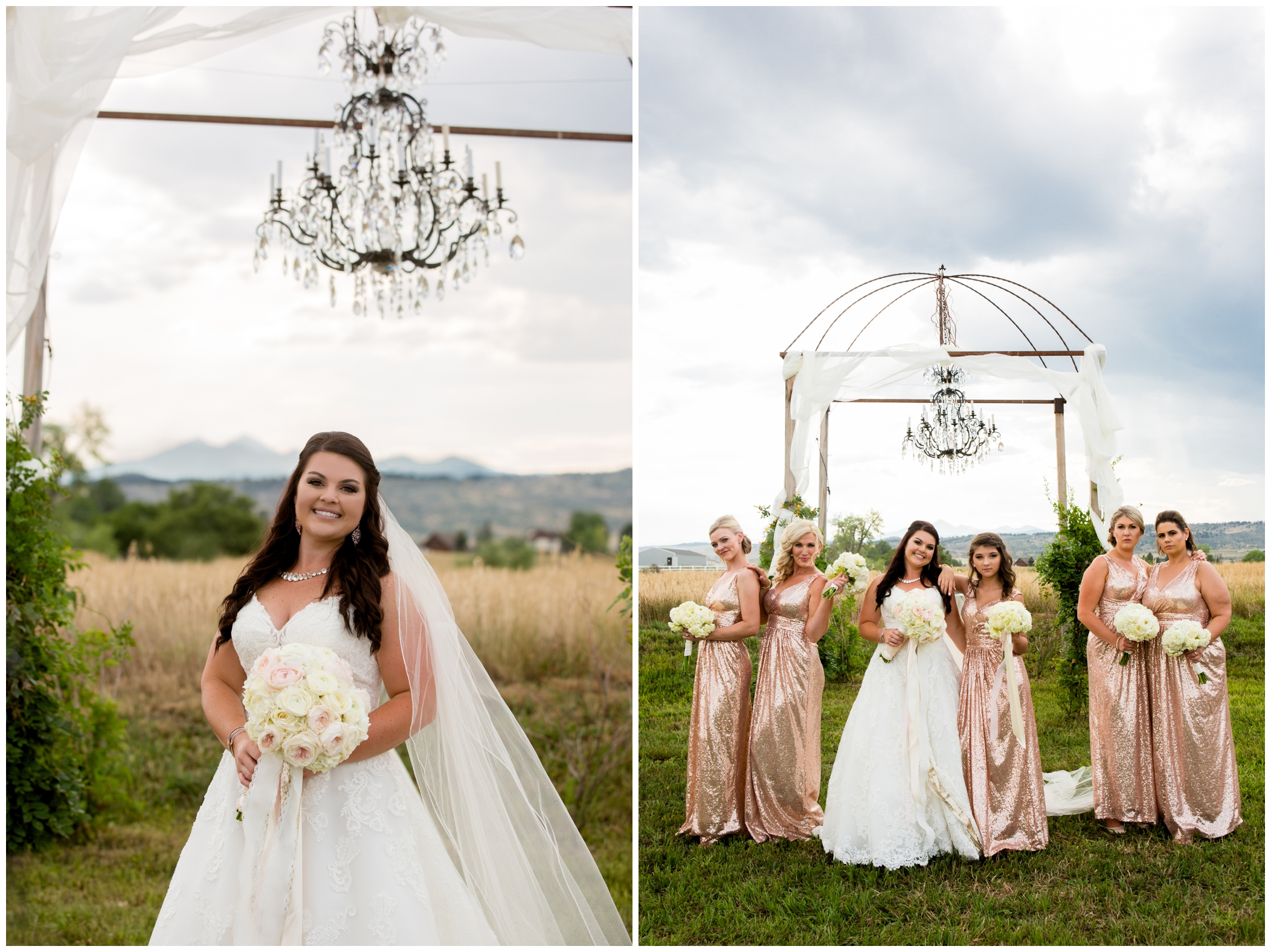 bride standing underneath outdoor chandelier at Stonewall Farms Colorado wedding 