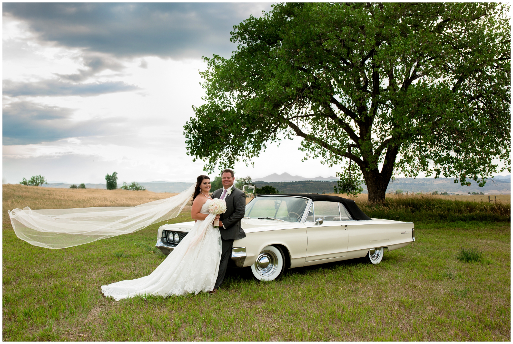 bride and groom with classic car at Stonewall Farm Colorado summer wedding 