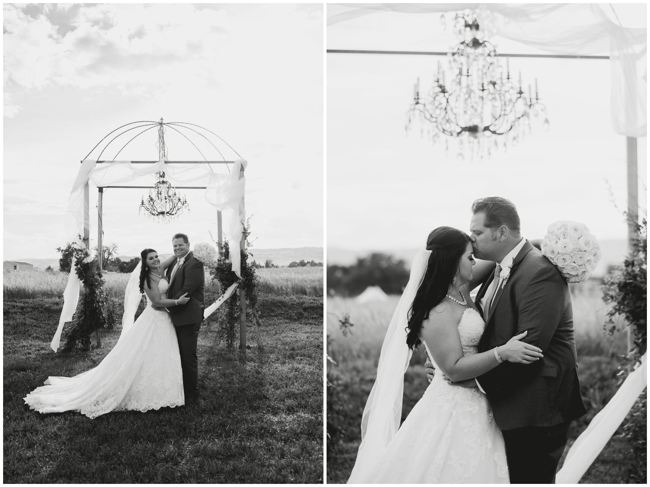 bride and groom under chandelier at Stonewall Farm Berthoud Colorado wedding