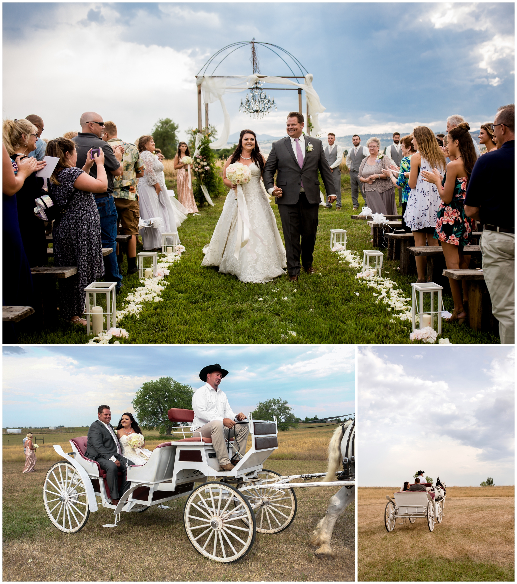 Stonewall farms colorado outdoor wedding ceremony with horse-drawn carriage 