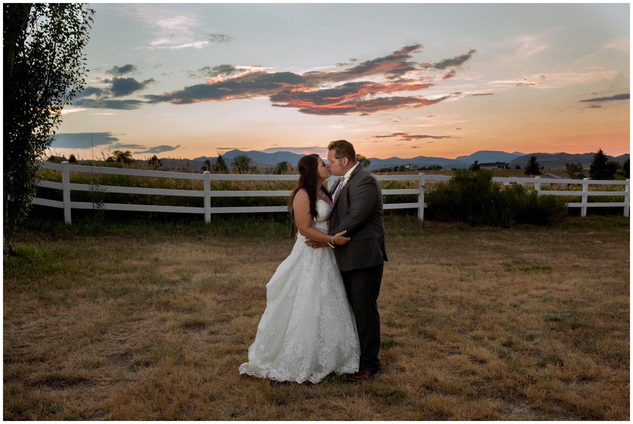 sunset photos of bride and groom at Stonewall Farm Berthoud Colorado wedding