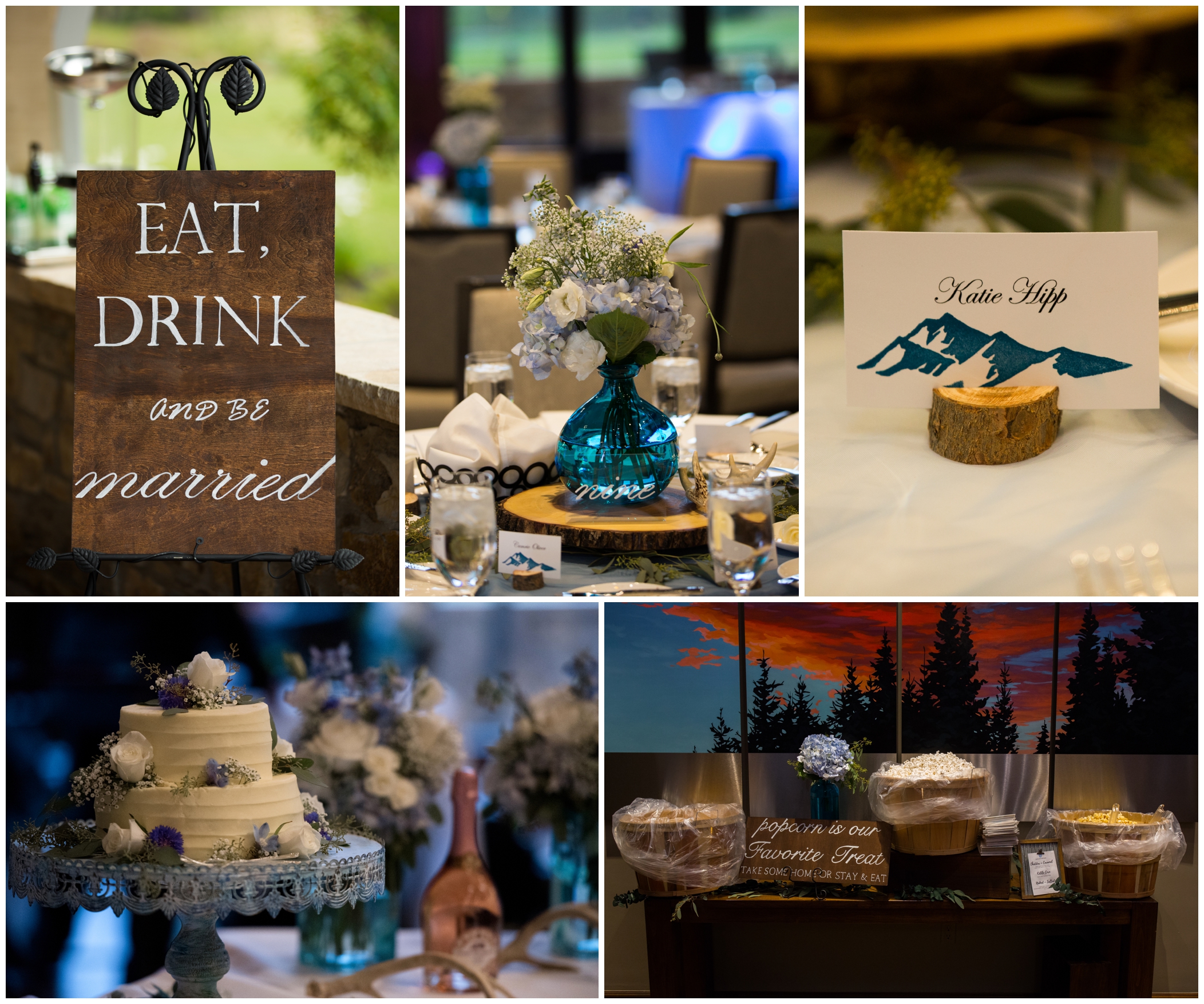 Vail Golf Club reception details in blue and white 