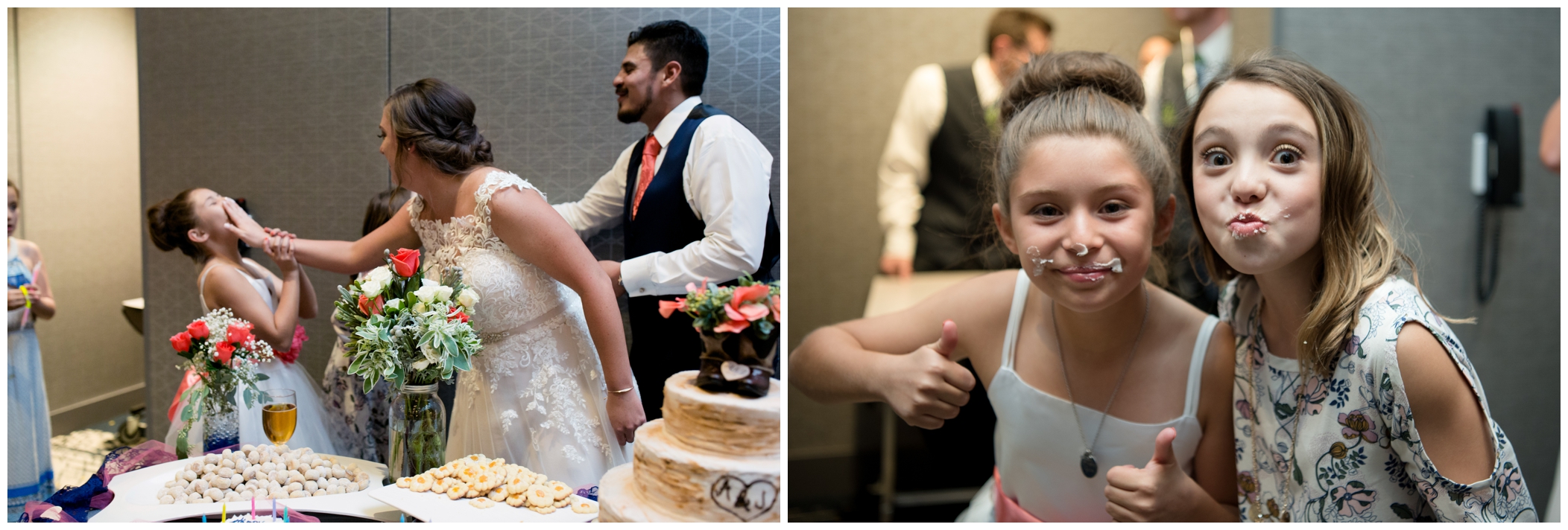 bride and groom smashing cake into flower girl's face