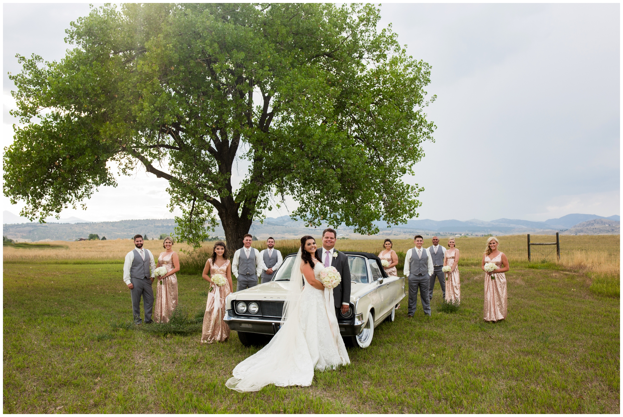 wedding party with classic car at Berthoud Colorado summer wedding