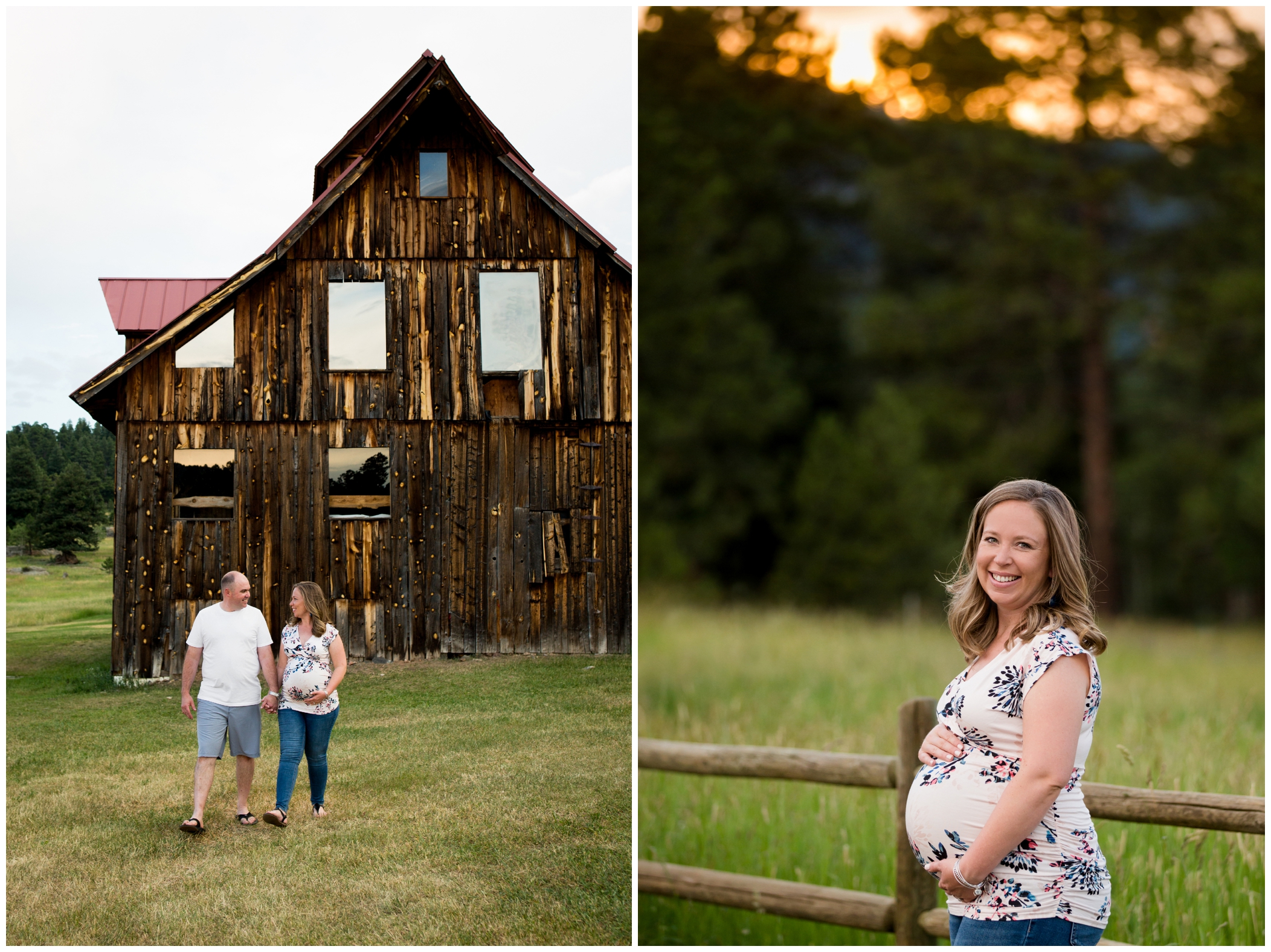 couple walking in front barn at Evergreen maternity photography session 