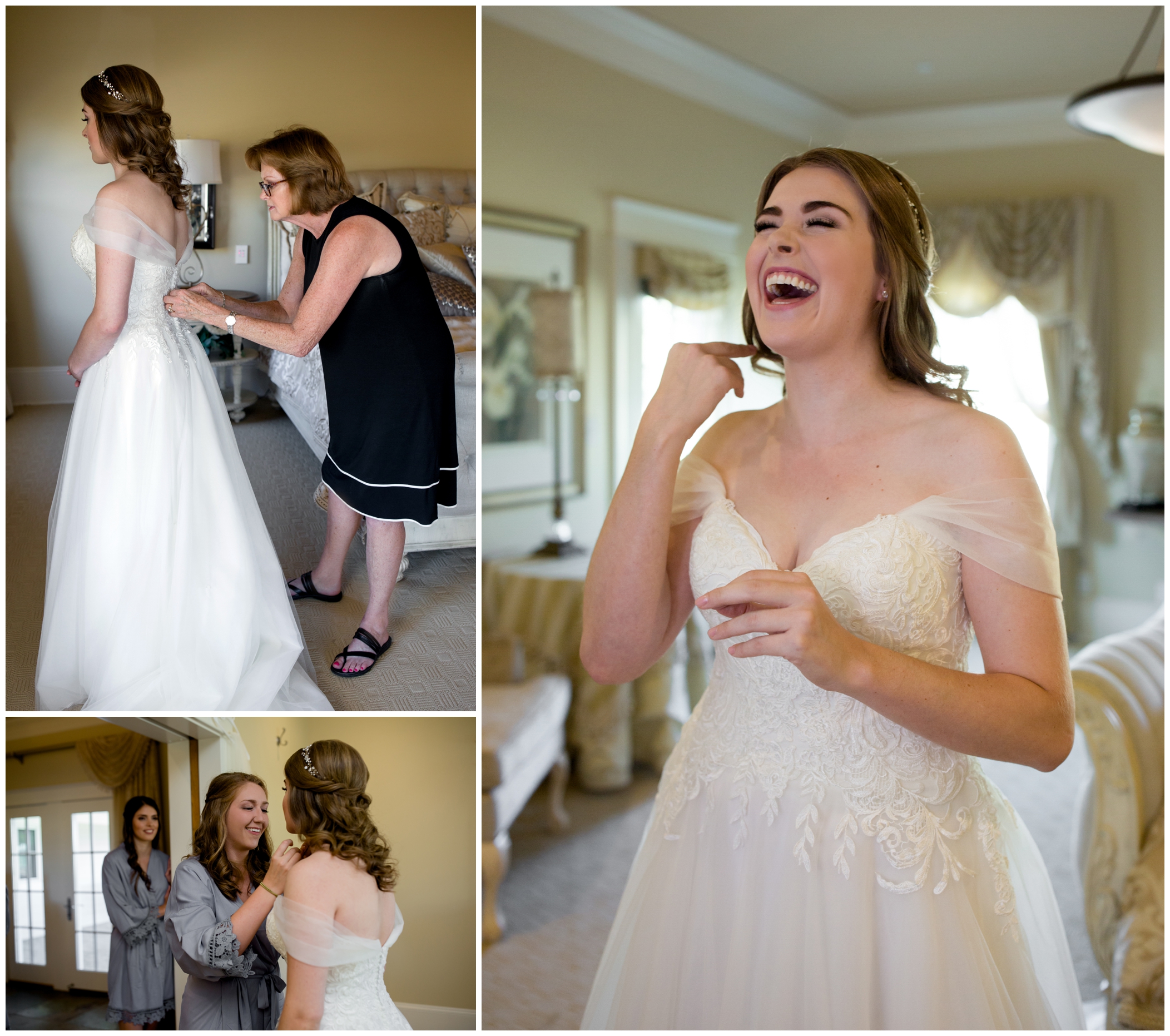 Colorado bride getting in her dress and laughing at Flying Horse Ranch Colorado wedding 