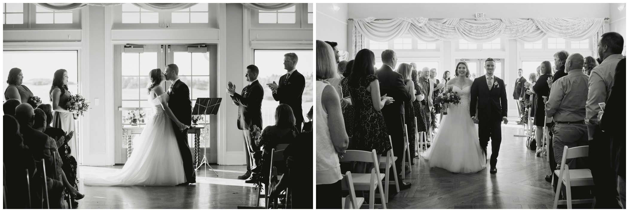 first kiss and recessional at Flying Horse Ranch Colorado indoor wedding ceremony 