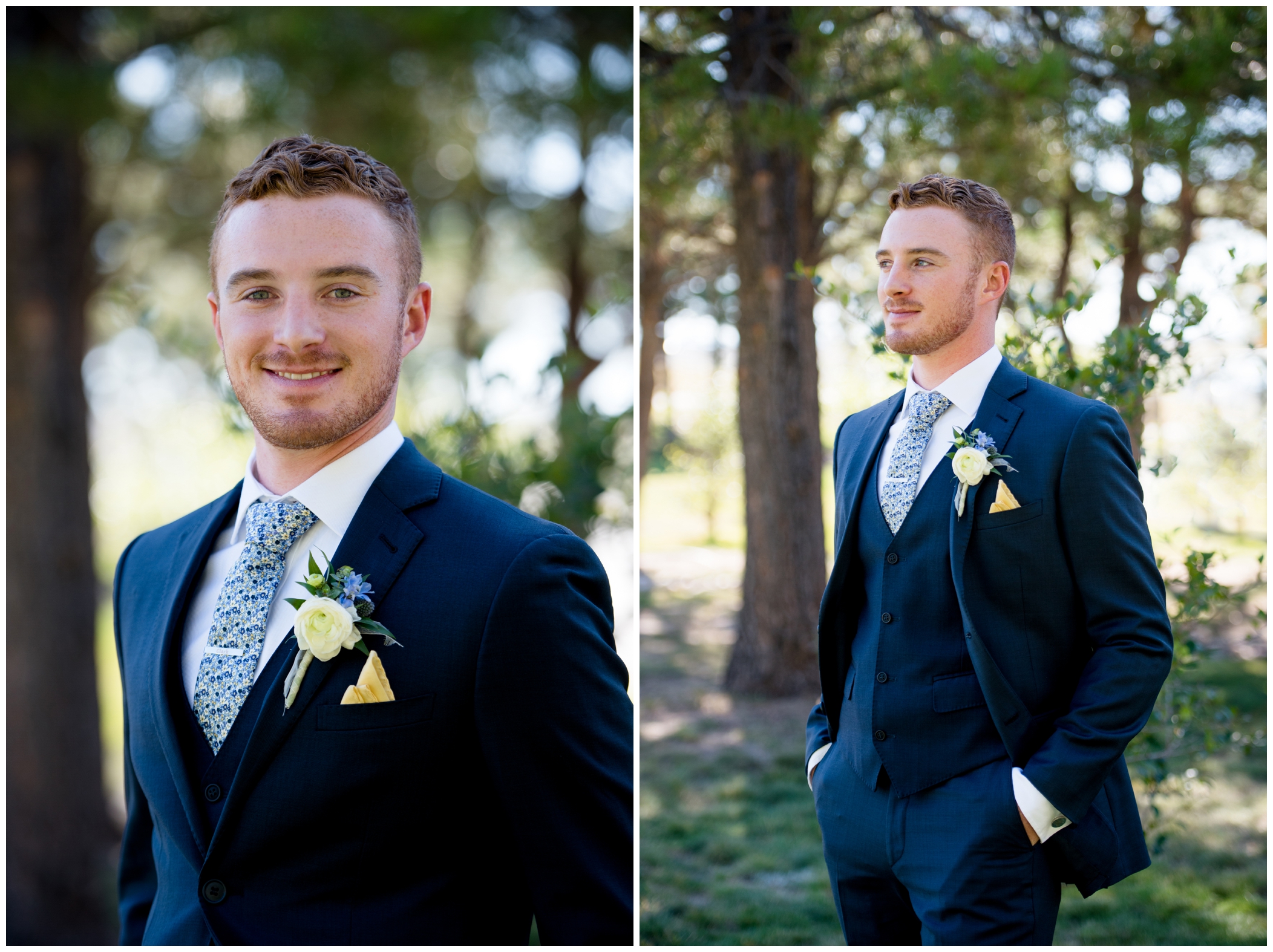 groom in blue suit at Flying Horse Ranch Larkspur wedding 