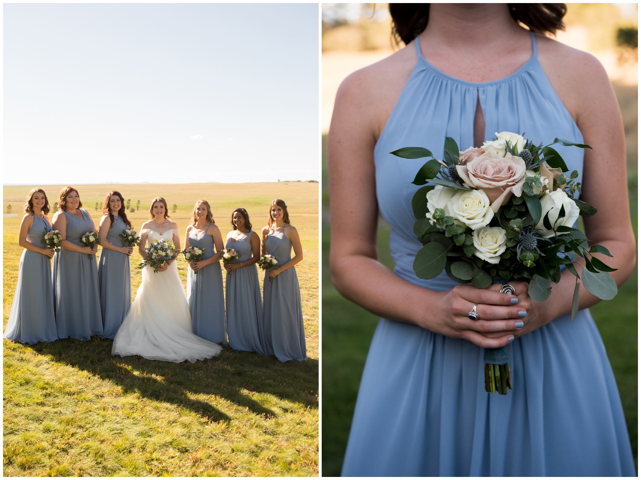 bridesmaids in long light blue dresses at Colorado outdoor wedding 