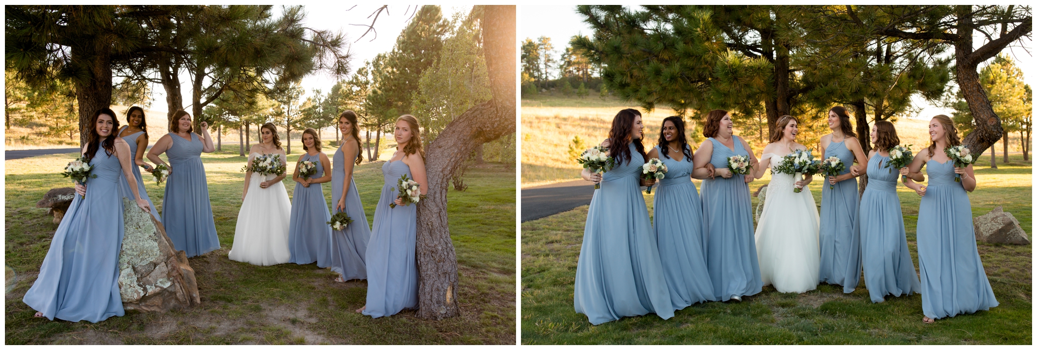 bridesmaids in long light blue dresses at Colorado mountain wedding 