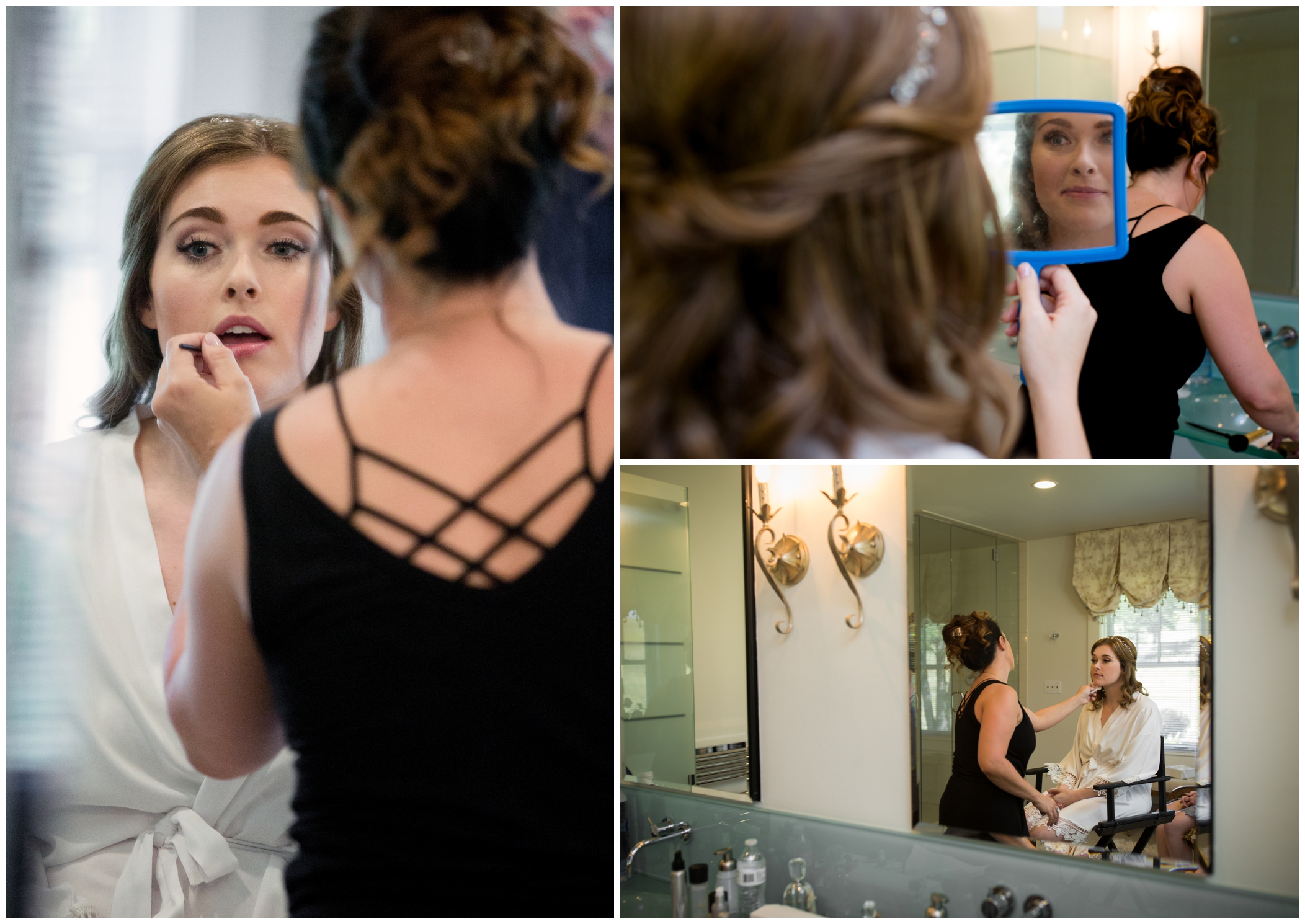 bride getting make up done at Flying Horse Ranch Colorado wedding 