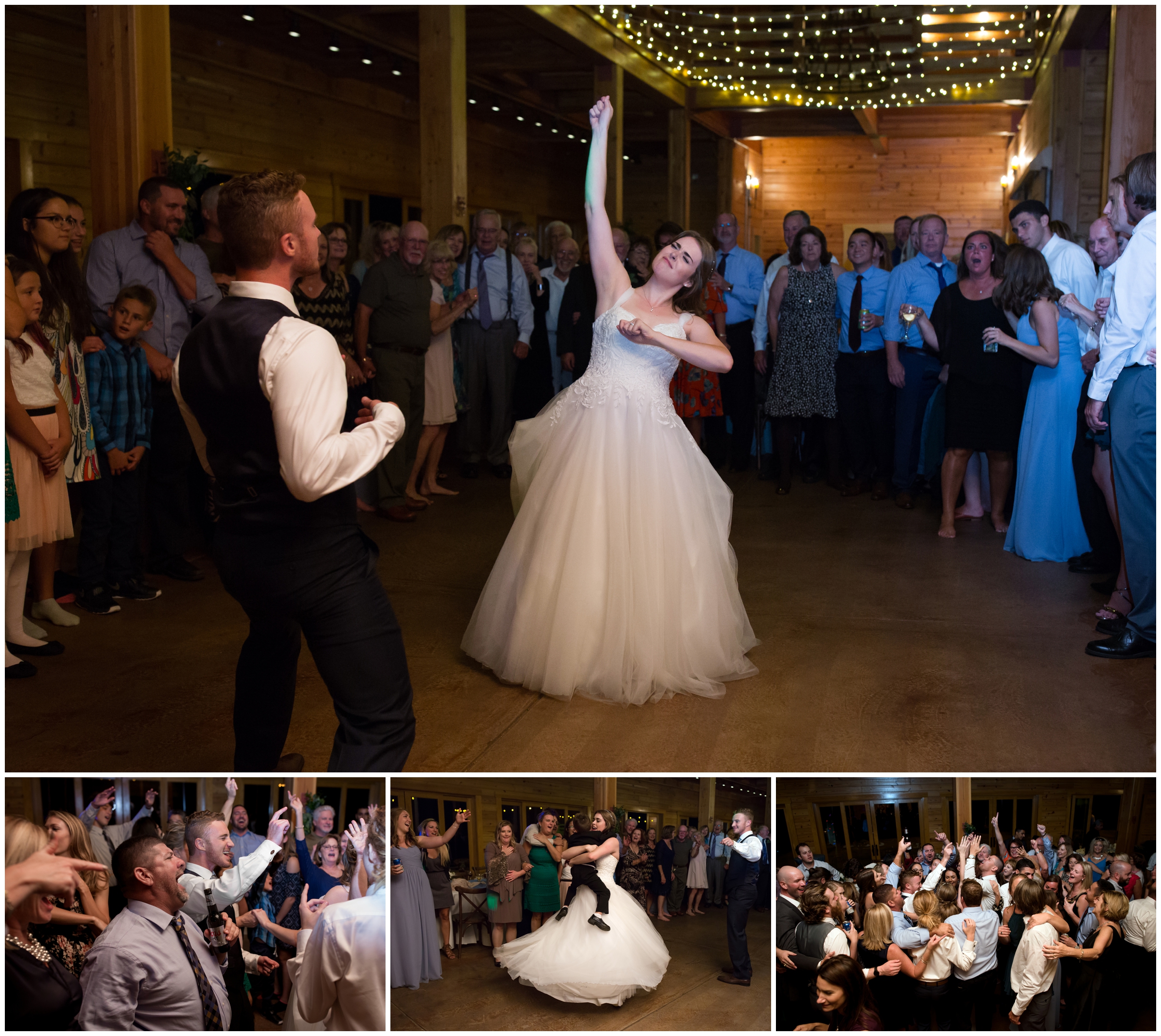 bride and groom dancing in barn at Colorado wedding reception 