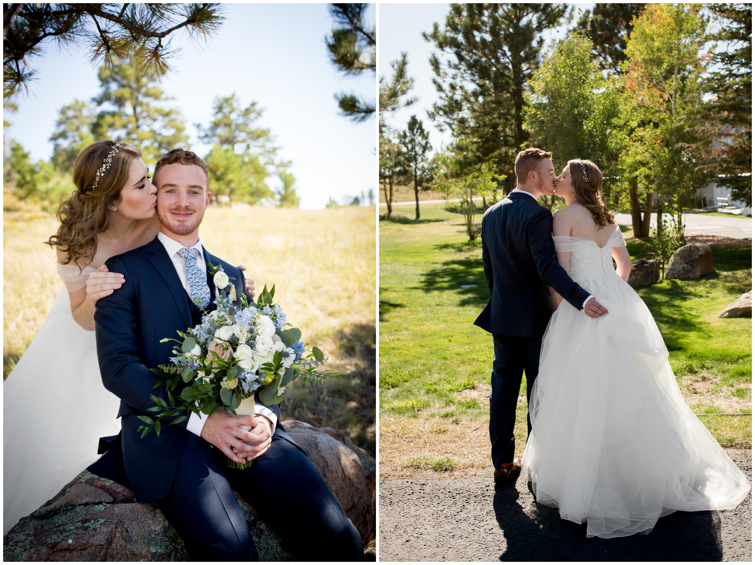 groom holding bouquet at Flying Horse Ranch Colorado wedding 