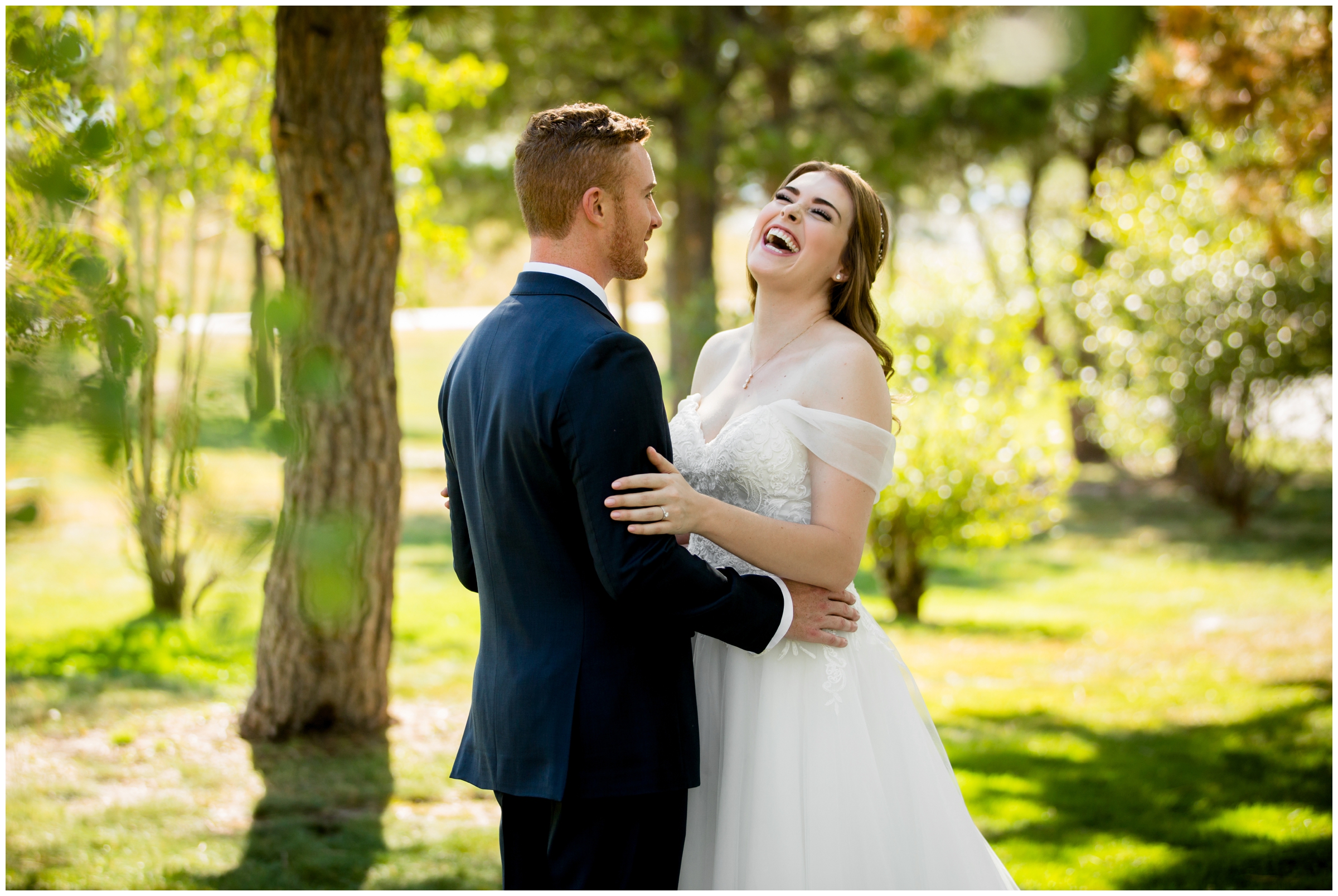 bride laughing with trees in background at Flying Horse Ranch Larkspur Colorado 