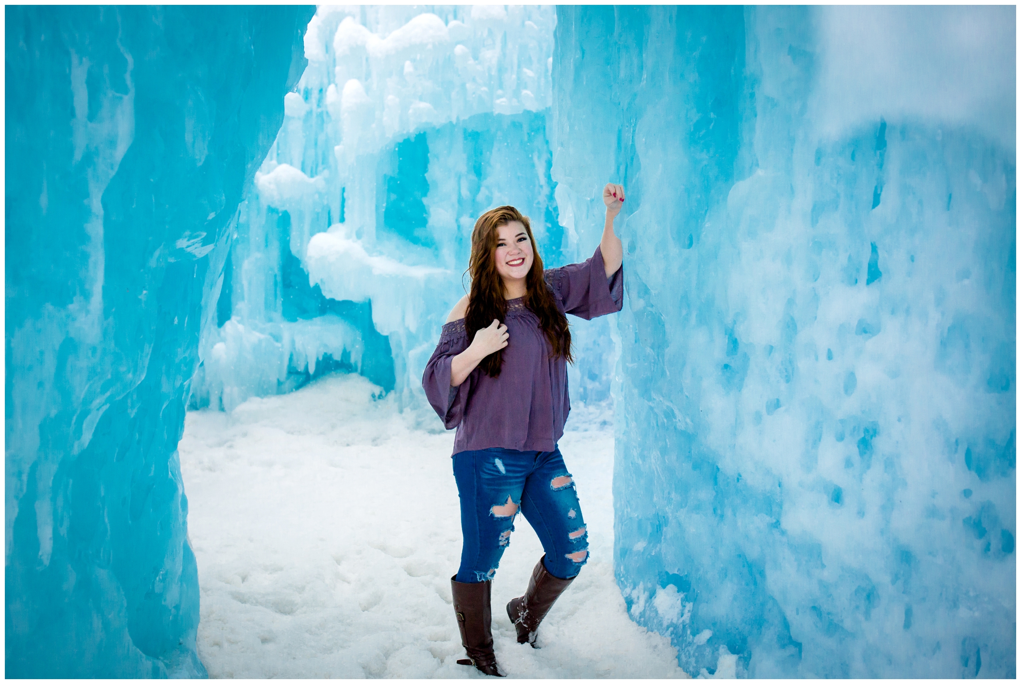 Colorado winter senior pictures at the snowy Dillon Ice Castles by award-winning portrait photographer Plum Pretty Photography
