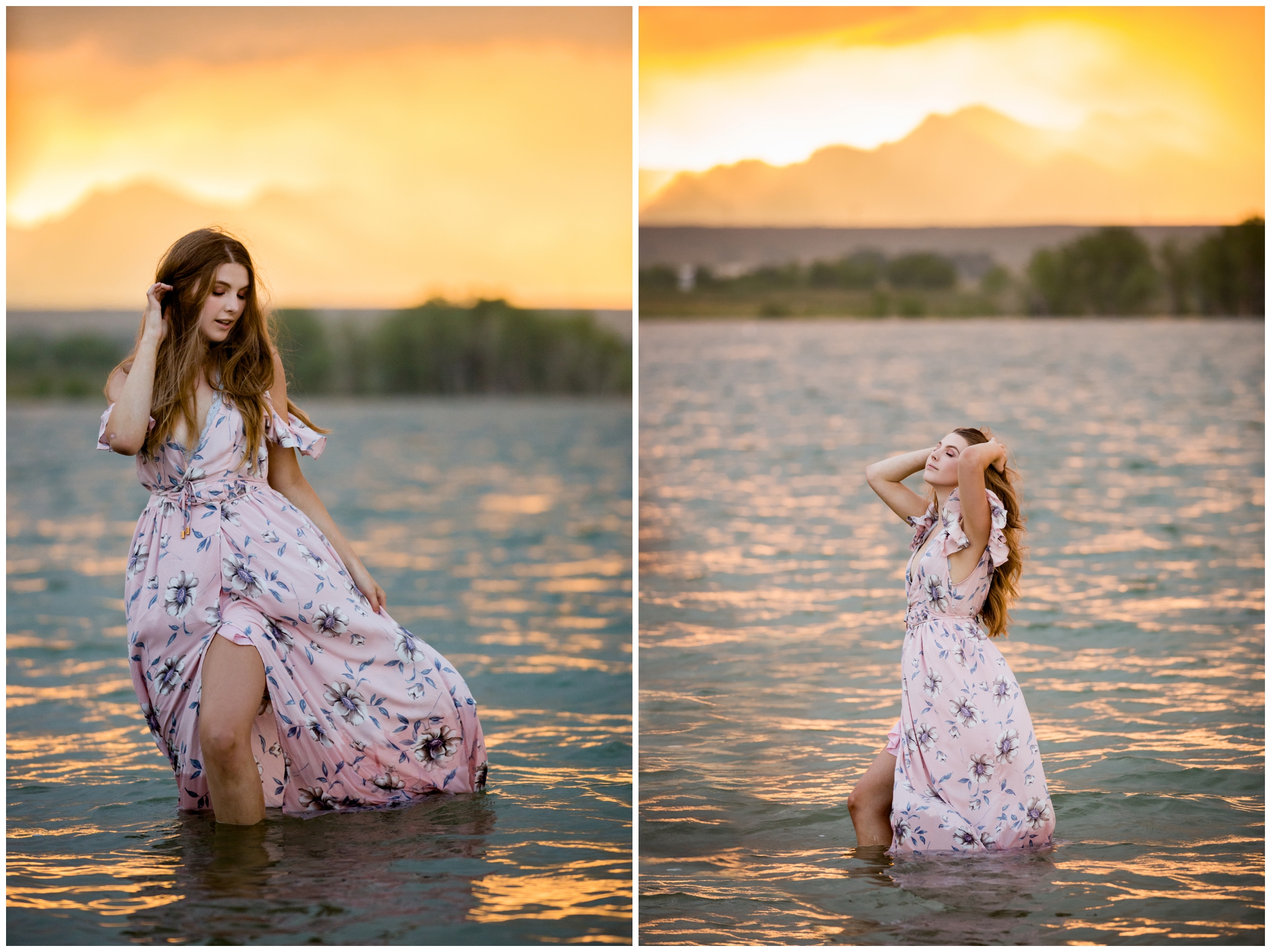 girl standing in a lake at sunset for Westminster senior pictures 