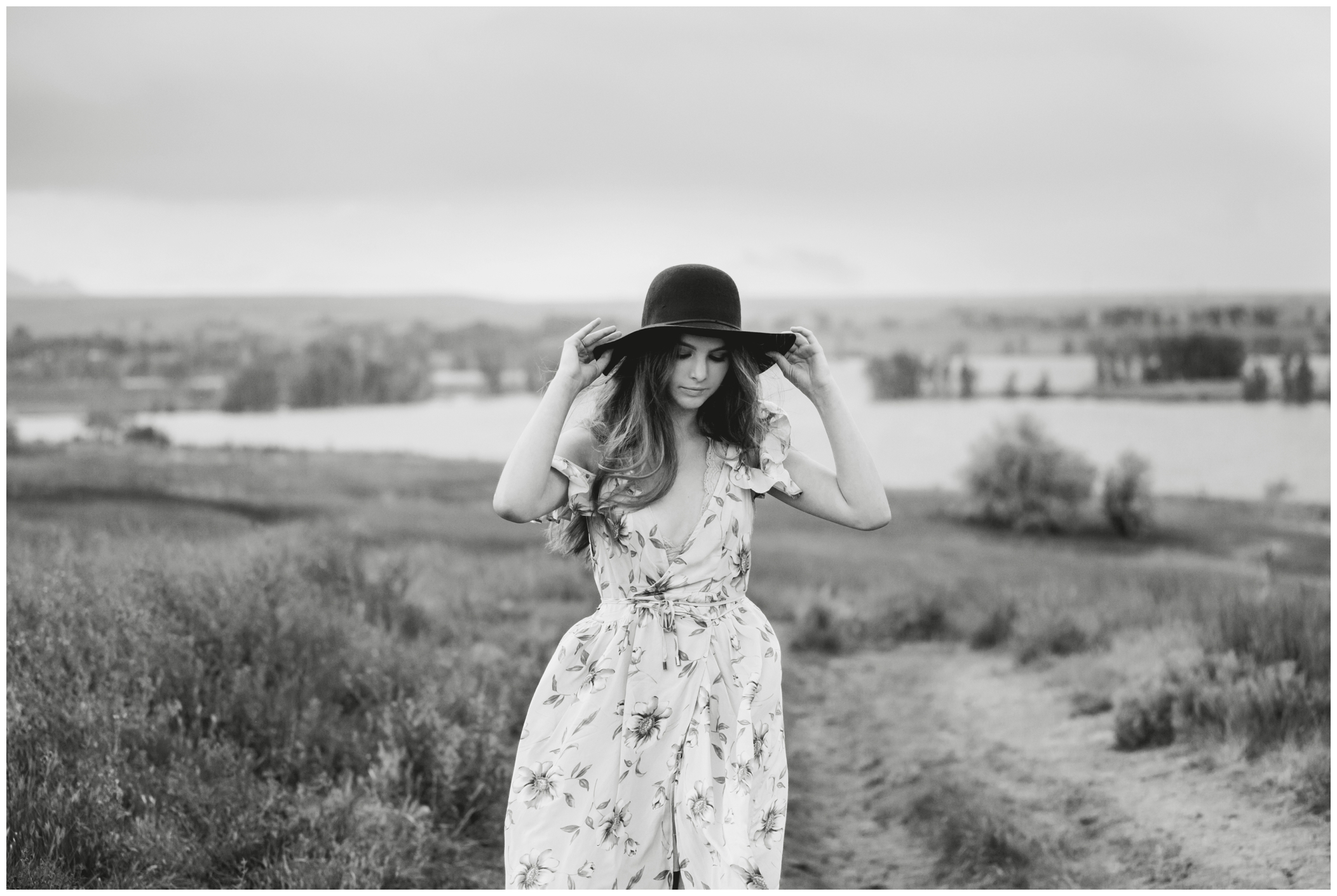 black and white photo of girl in floppy hat at westminster senior portraits 