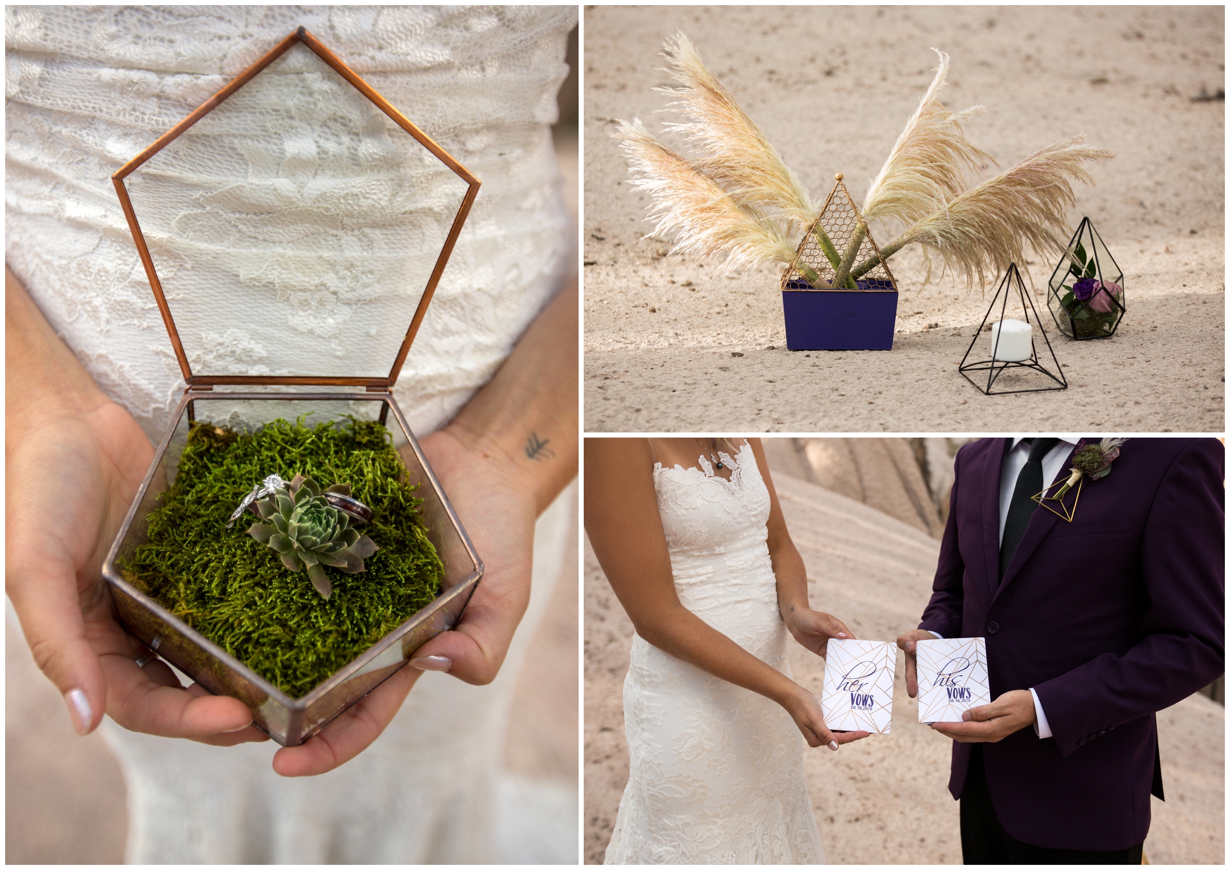 Colorado wedding ceremony with geometric details and pampas grass 