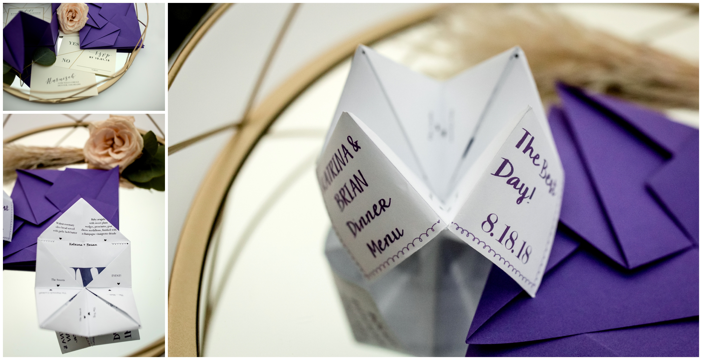 wedding cootie catcher menu cards for geometric wedding reception 