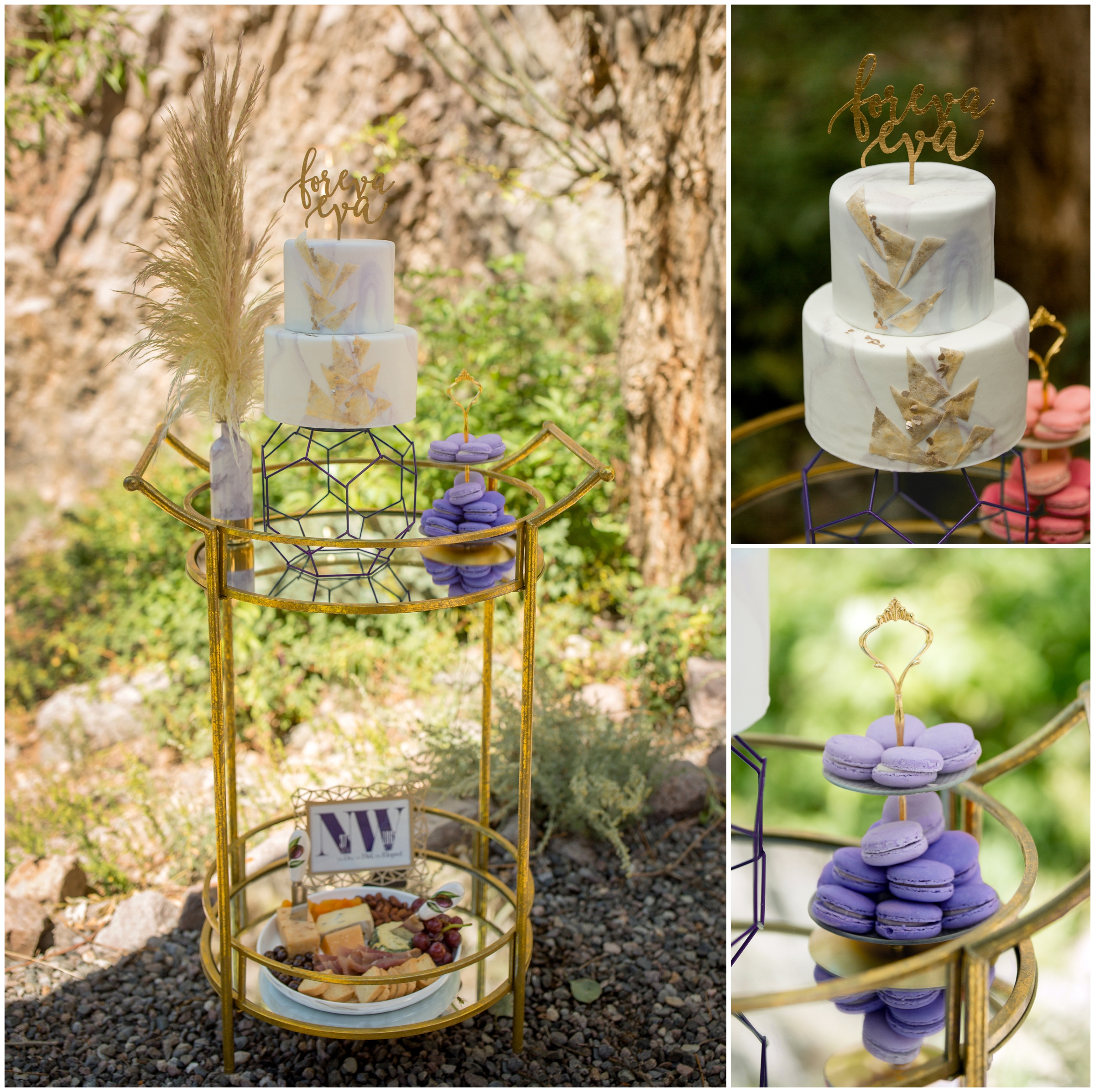 Geometric wedding cake inspiration with purple and gold details by Kelley Cakes Denver