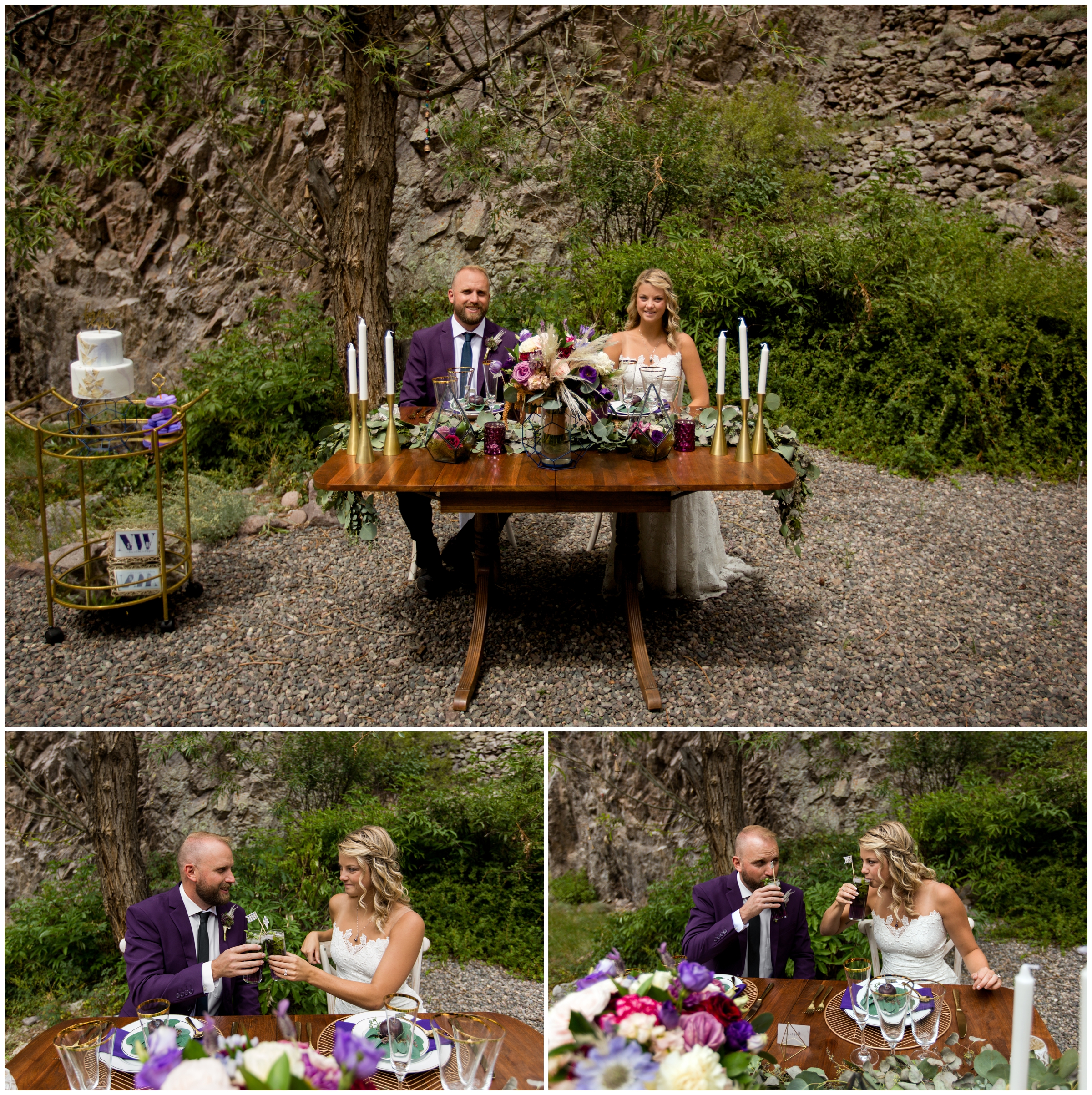 Colorado elopement reception photos by Breckenridge photographer Plum Pretty Photography. Geometric wedding inspiration with purple and gold details.