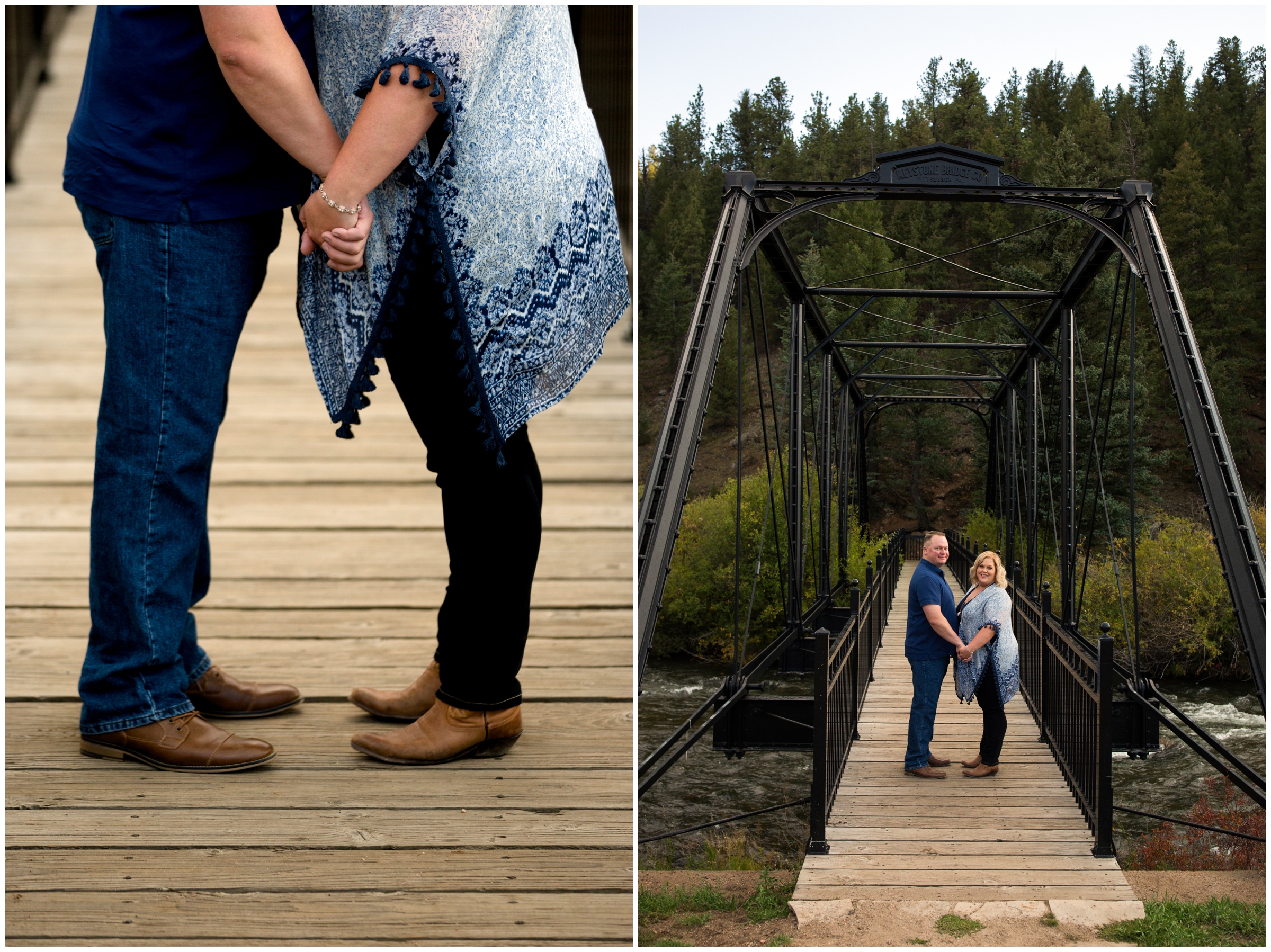 couple on black bridge at Bailey Colorado engagement photography session