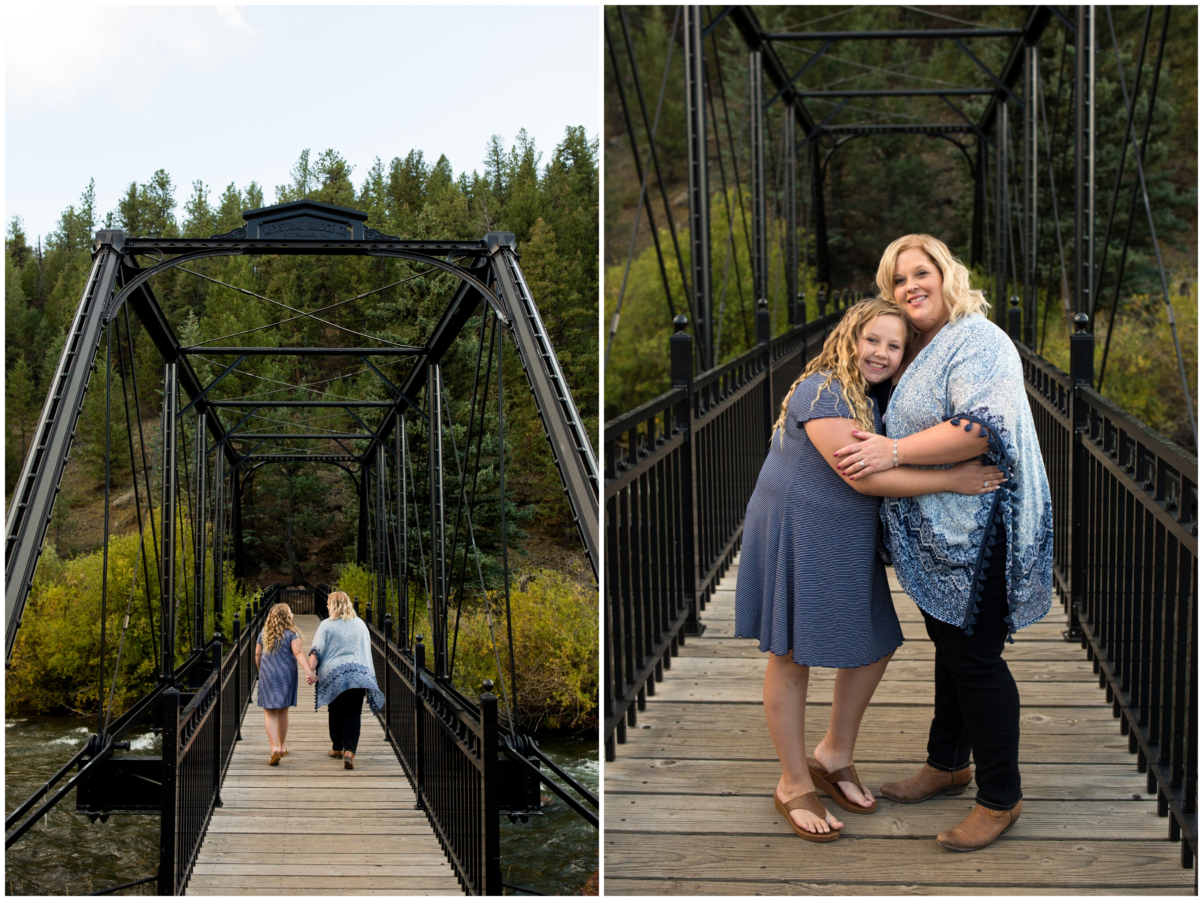 mom and daughter on bridge at Colorado fall family photos at McGraw Memorial Park in Bailey CO
